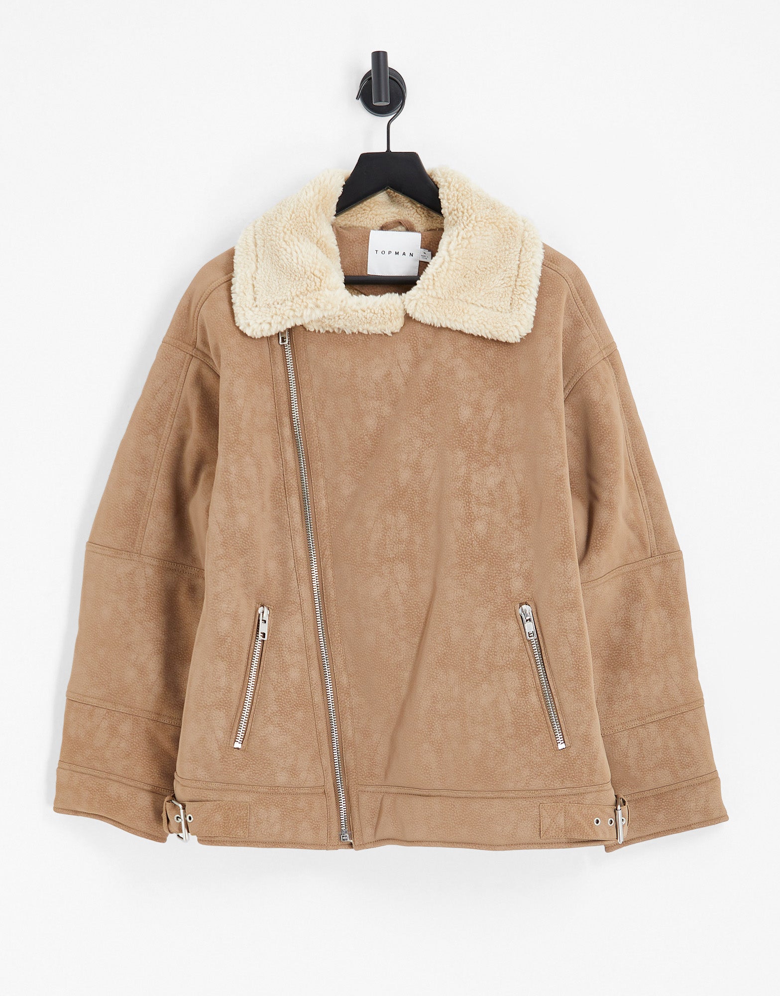 Topman faux shearling biker jacket in tan ASOS Sample Sale
