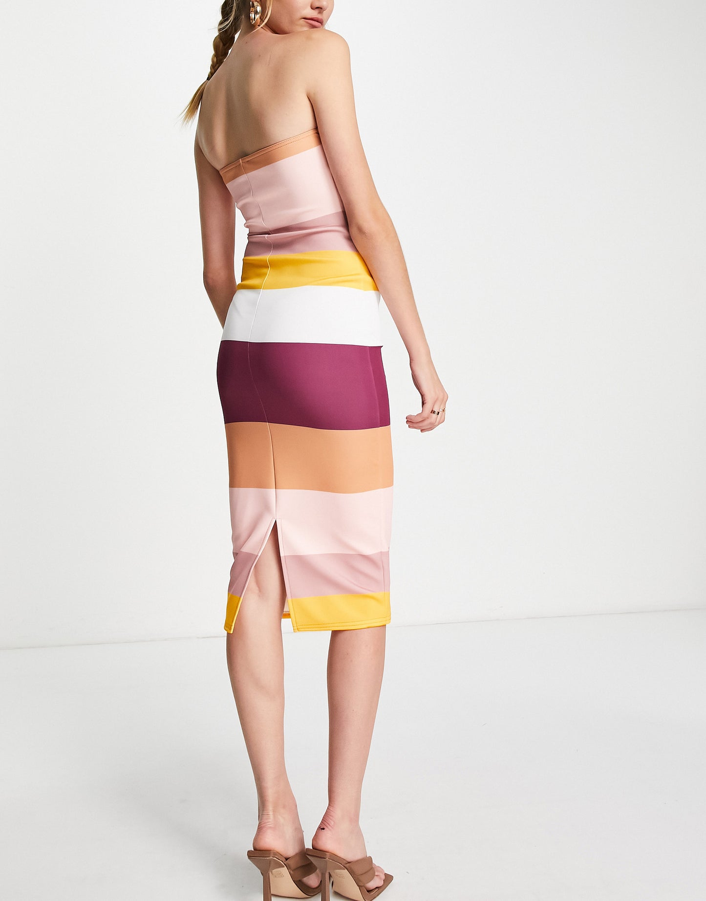 ASOS DESIGN bandeau pencil midi dress in multi stripe print