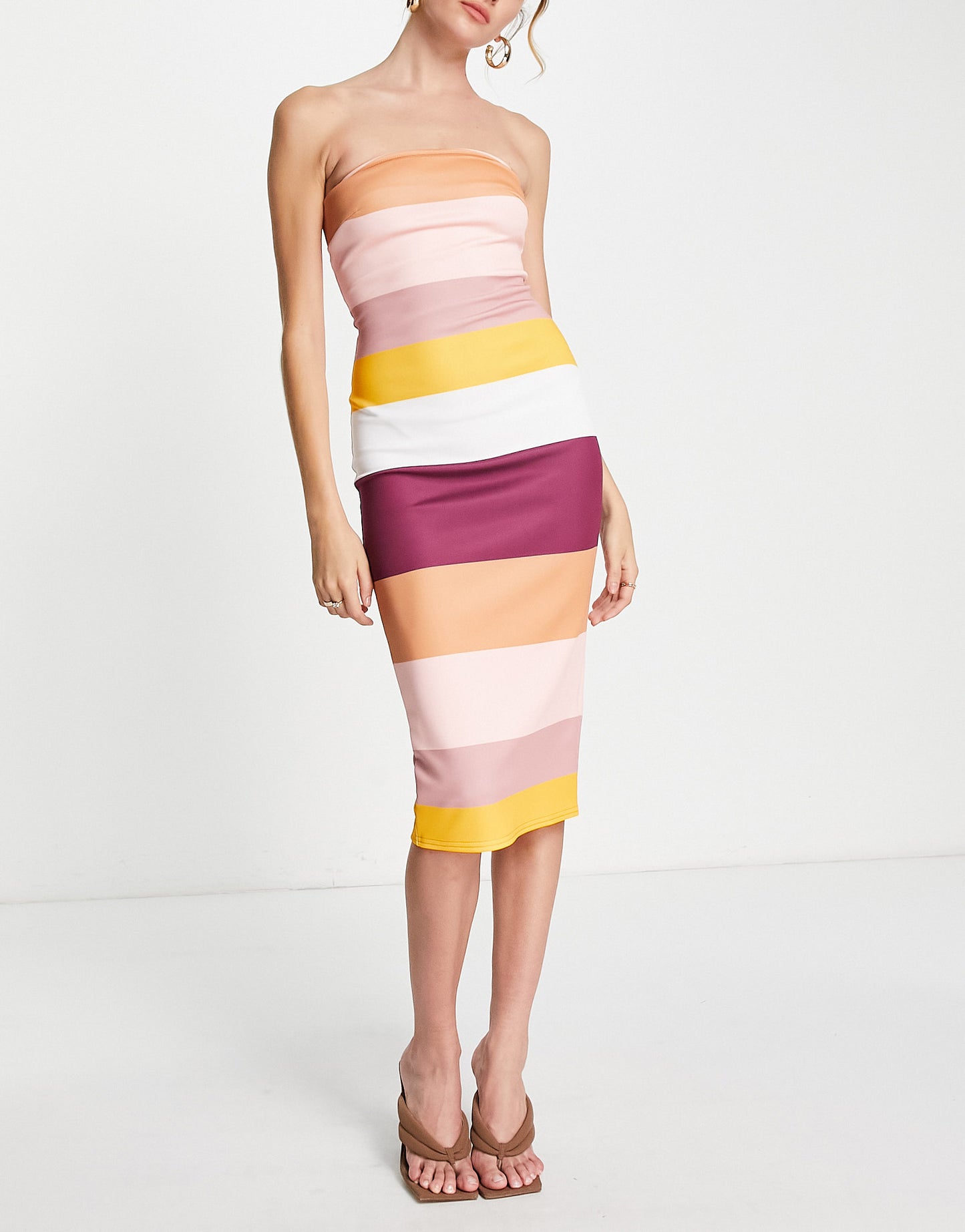 ASOS DESIGN bandeau pencil midi dress in multi stripe print