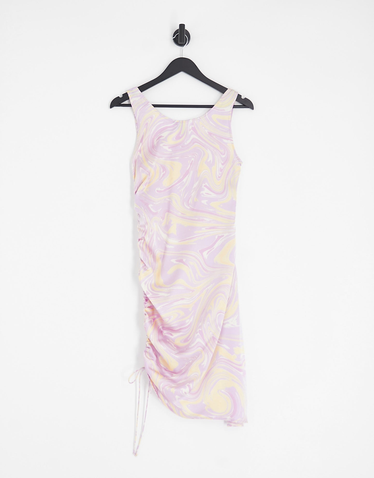 Pieces satin ruched mini dress in lilac swirl print