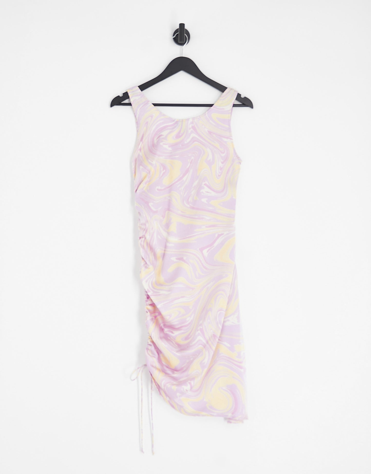 Pieces satin ruched mini dress in lilac swirl print