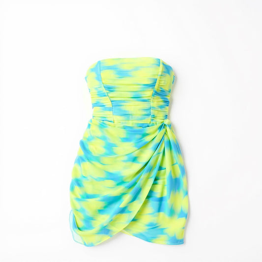 Bershka ruched tie up side bandeau dress in mixed print
