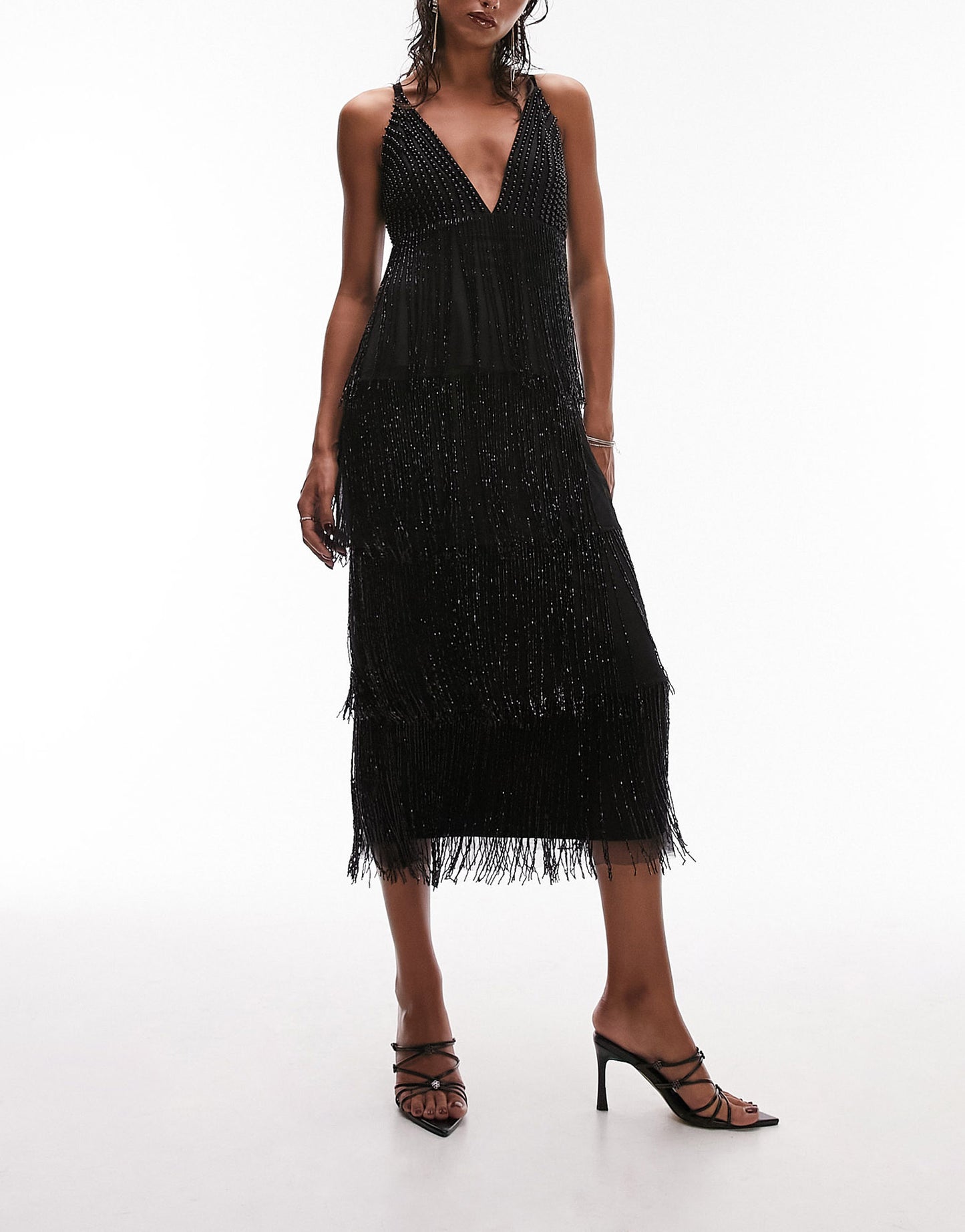 Topshop premium strappy embellished fringe and beaded mix midi dress in black
