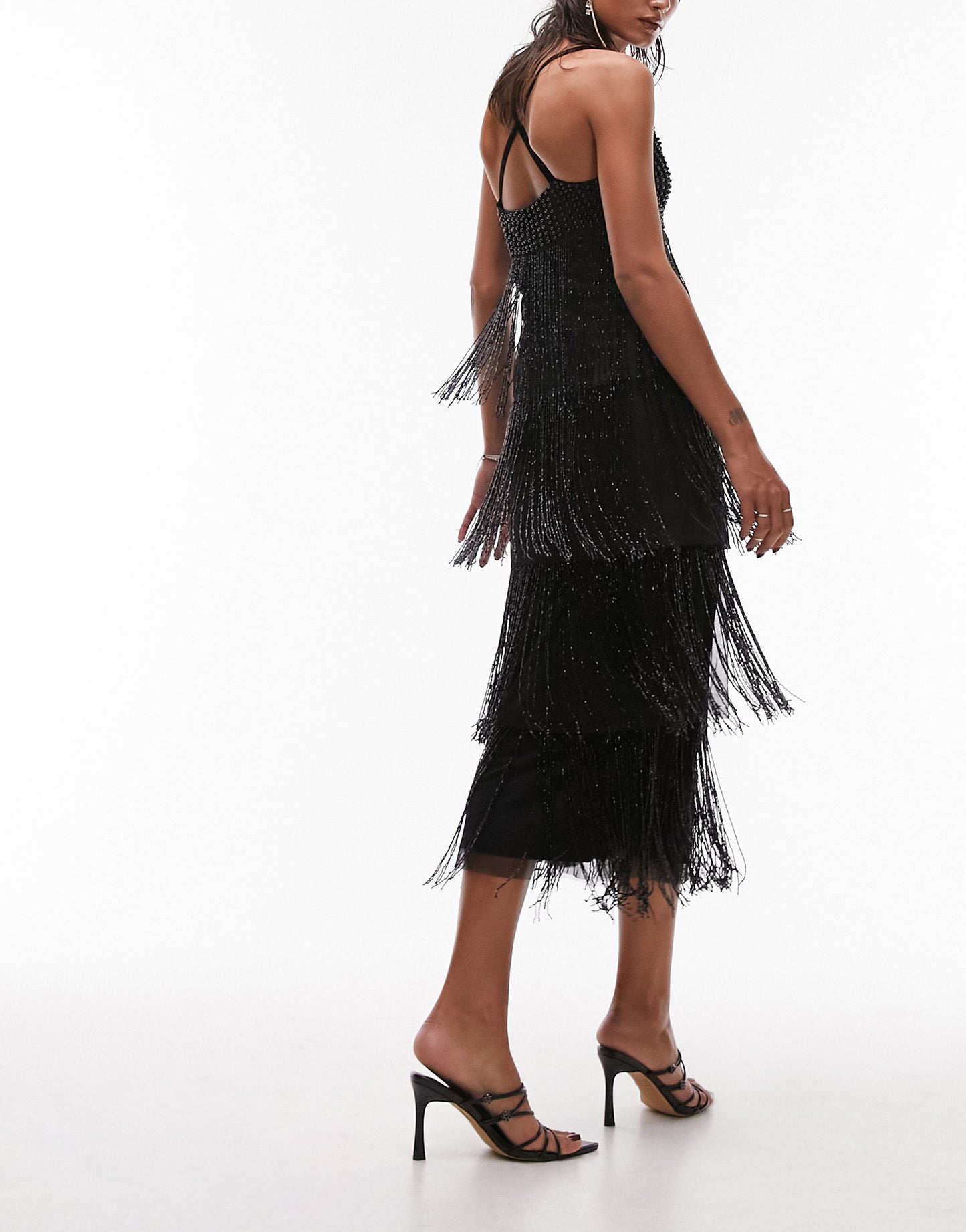 Topshop premium strappy embellished fringe and beaded mix midi dress in black