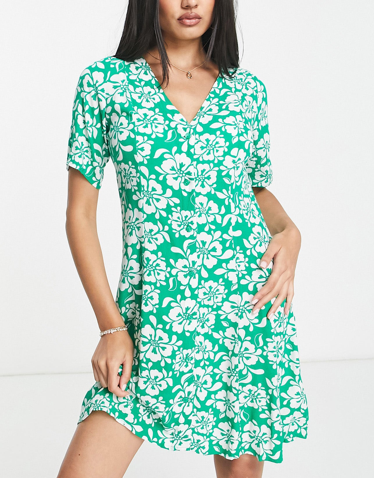 Monki button through mini dress in hibiscus floral