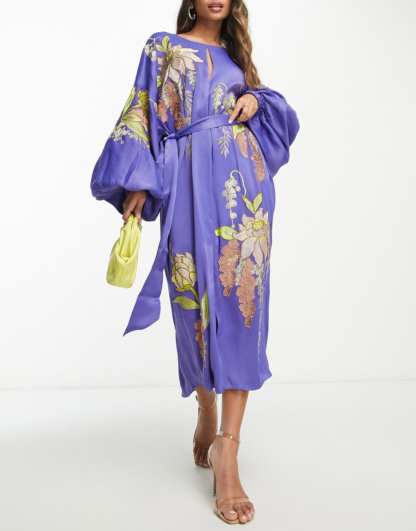 ASOS EDITION satin floral embroidered midi dress in violet