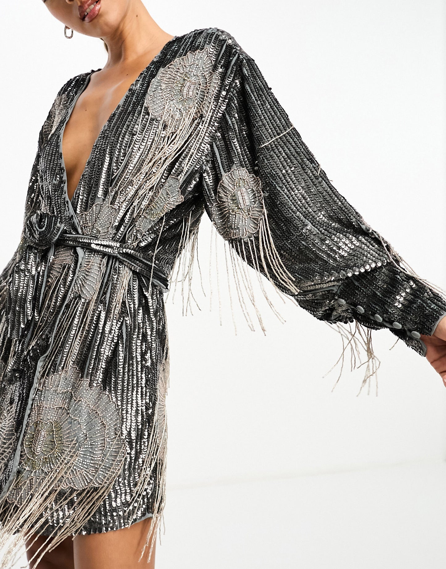 ASOS EDITION floral fringe sequin wrap mini dress in charcoal