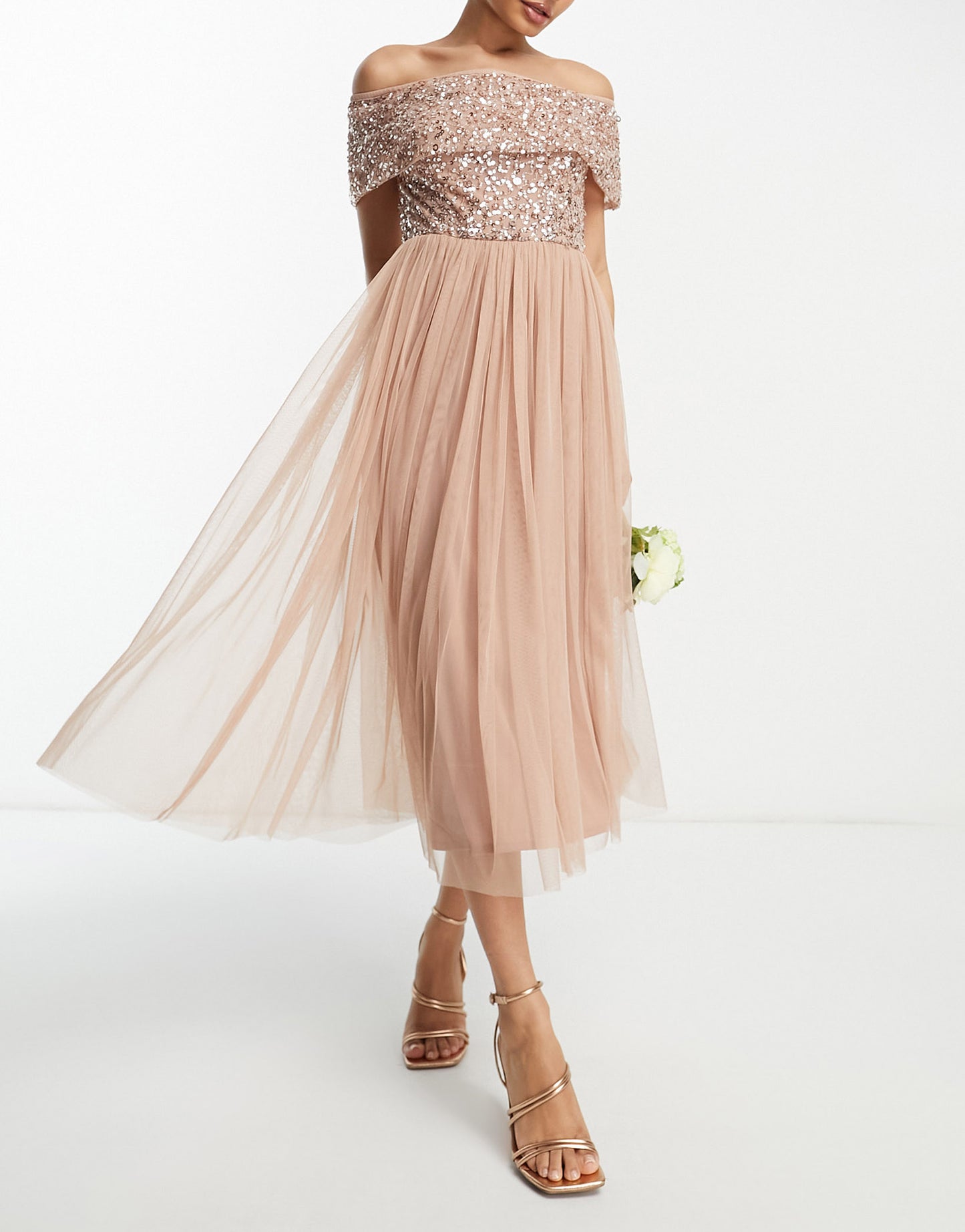 Beauut Bridesmaid bardot embellished midi dress in taupe
