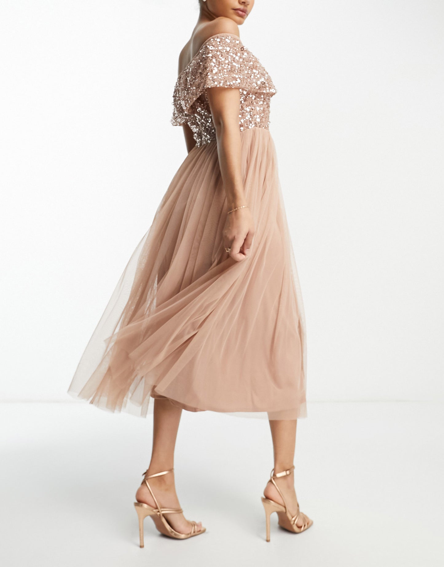 Beauut Bridesmaid bardot embellished midi dress in taupe