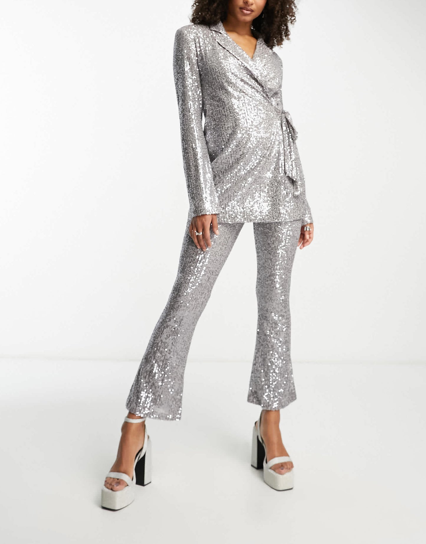 ASOS DESIGN Tall jersey sequin tie waist blazer in gunmetal