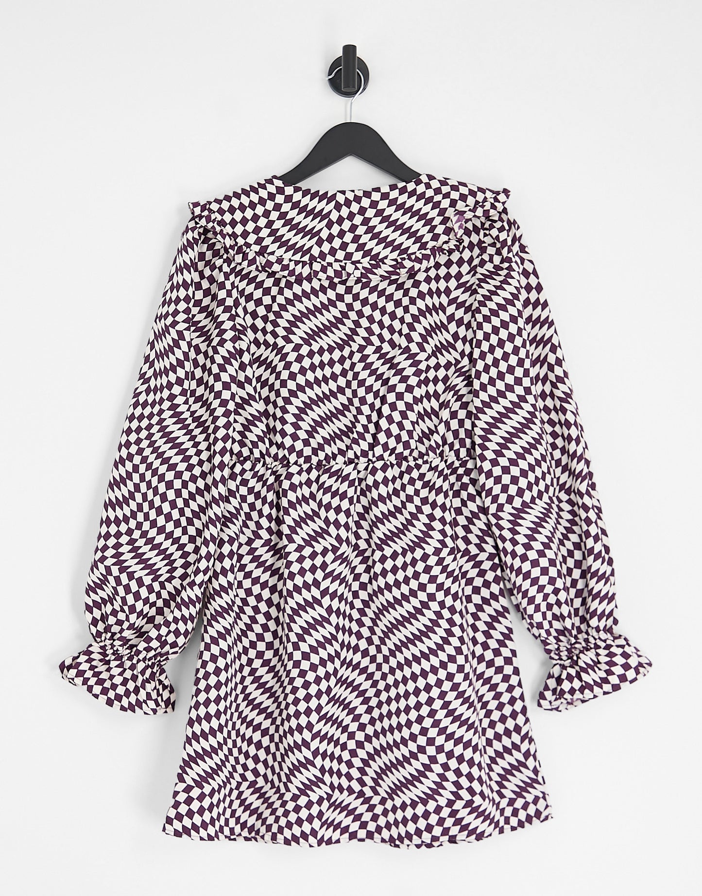 Pieces oversized collar mini dress in purple warped checkerboard