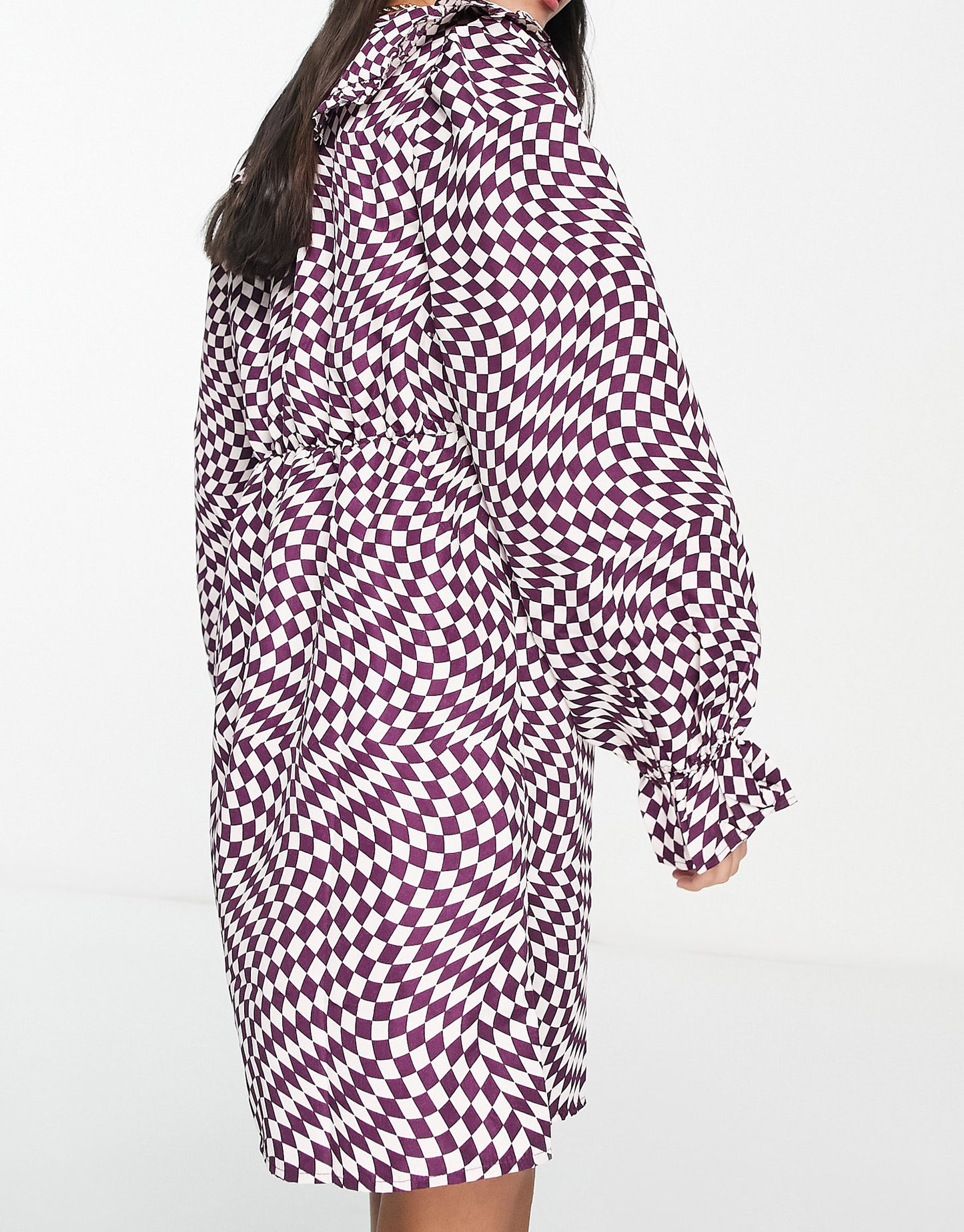 Pieces oversized collar mini dress in purple warped checkerboard