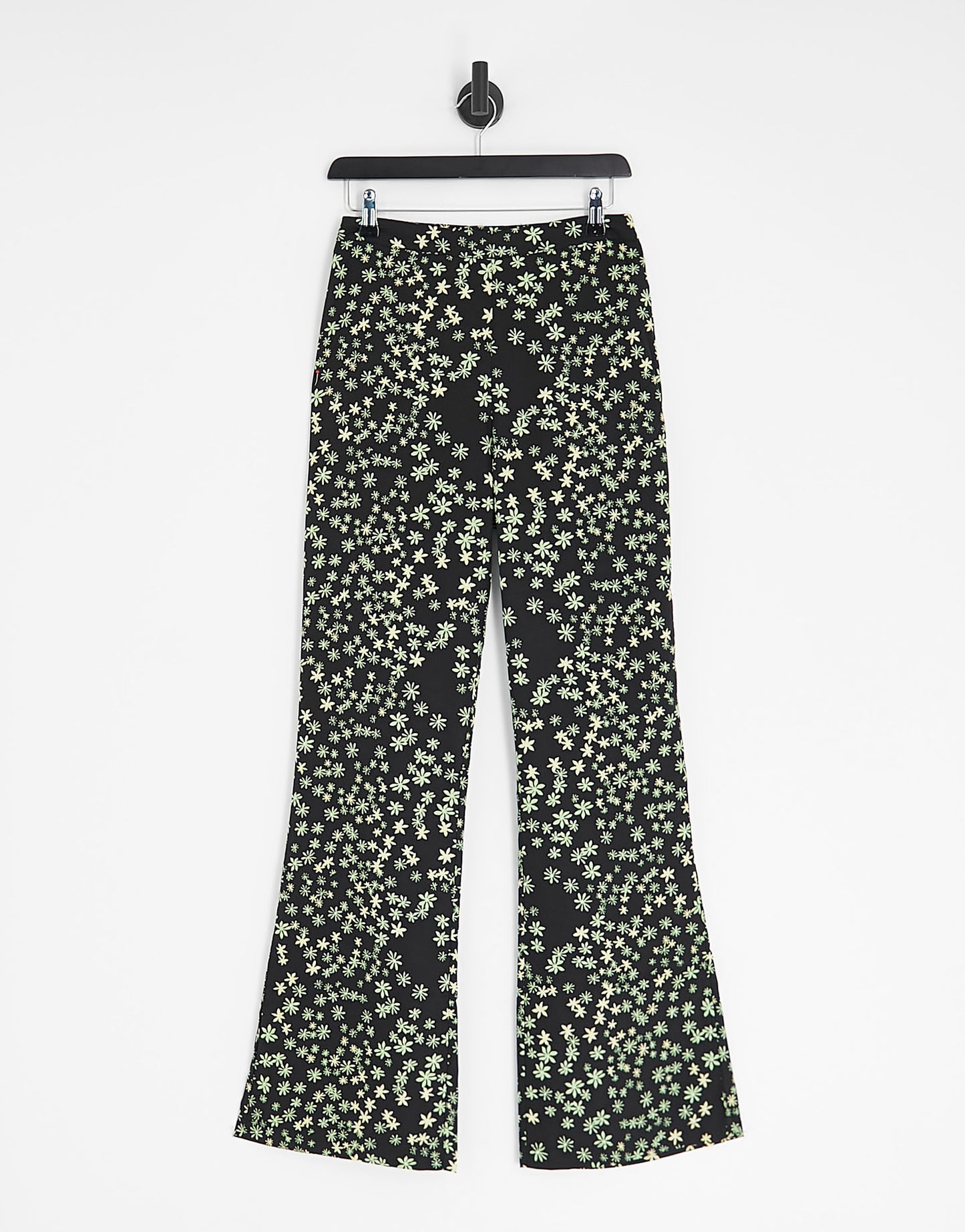 Pieces wide leg trousers in black and green ditsy floral