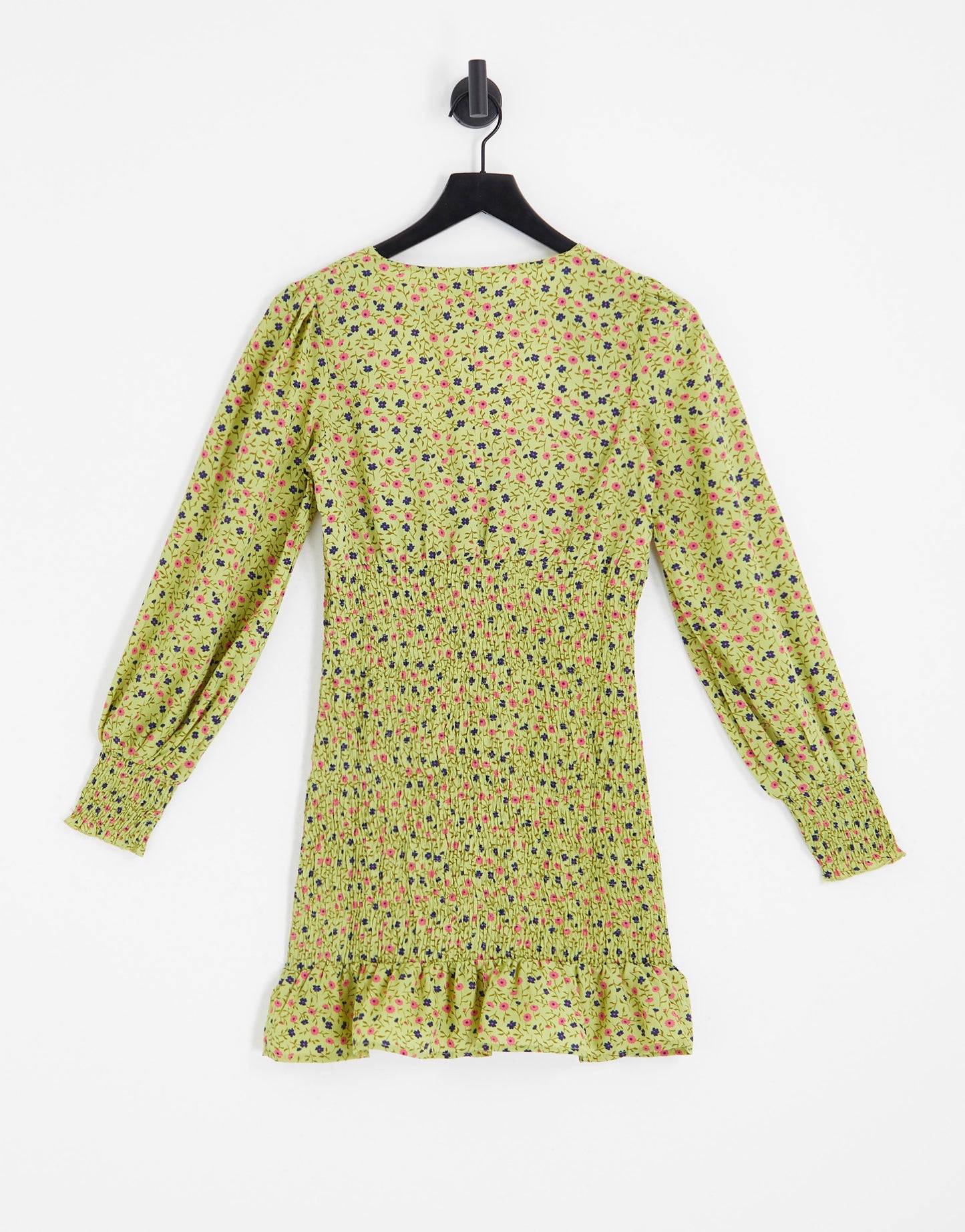 Daisy Street square neck shirred mini dress in khaki ditsy