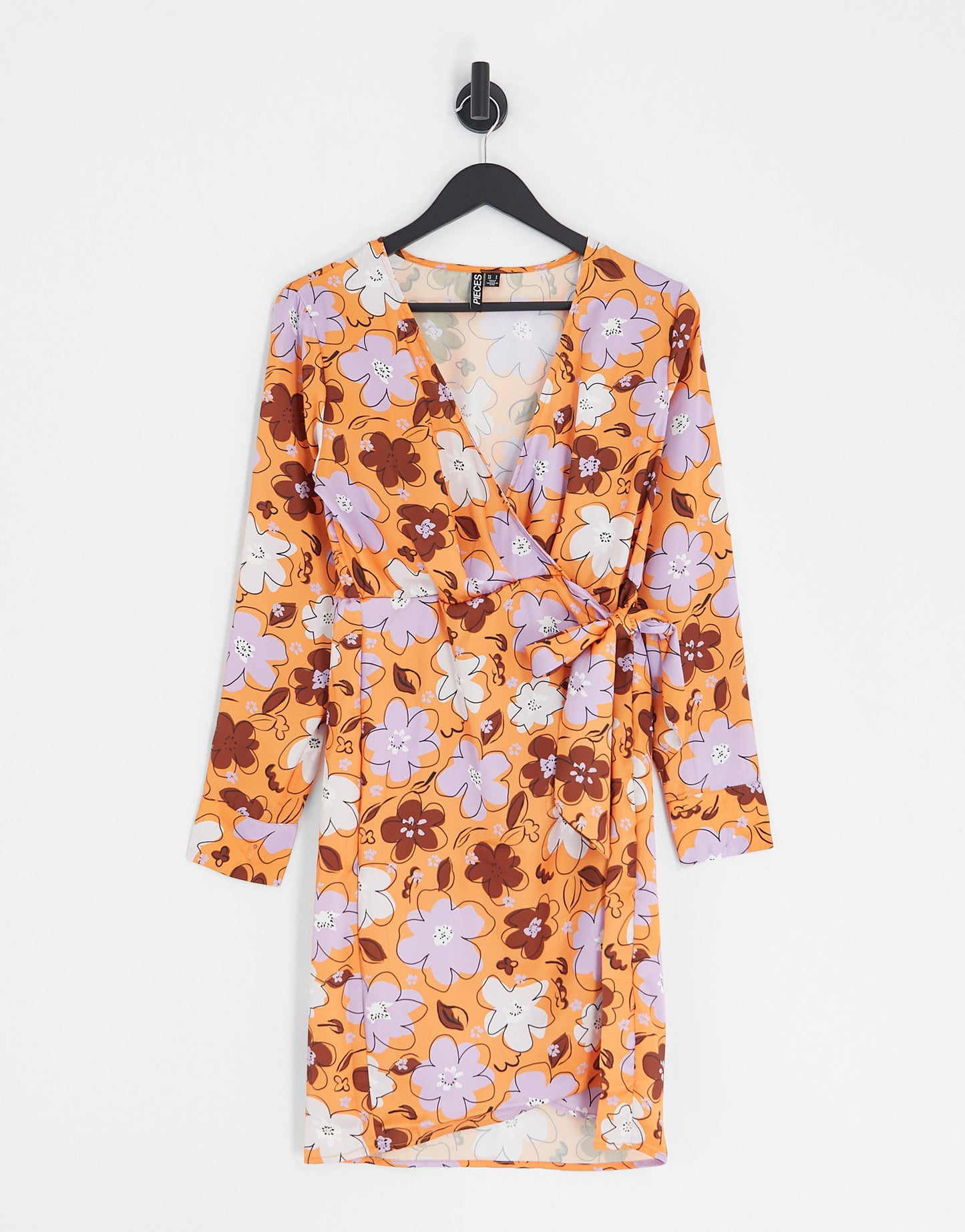 Pieces satin wrap tie side mini dress in orange floral