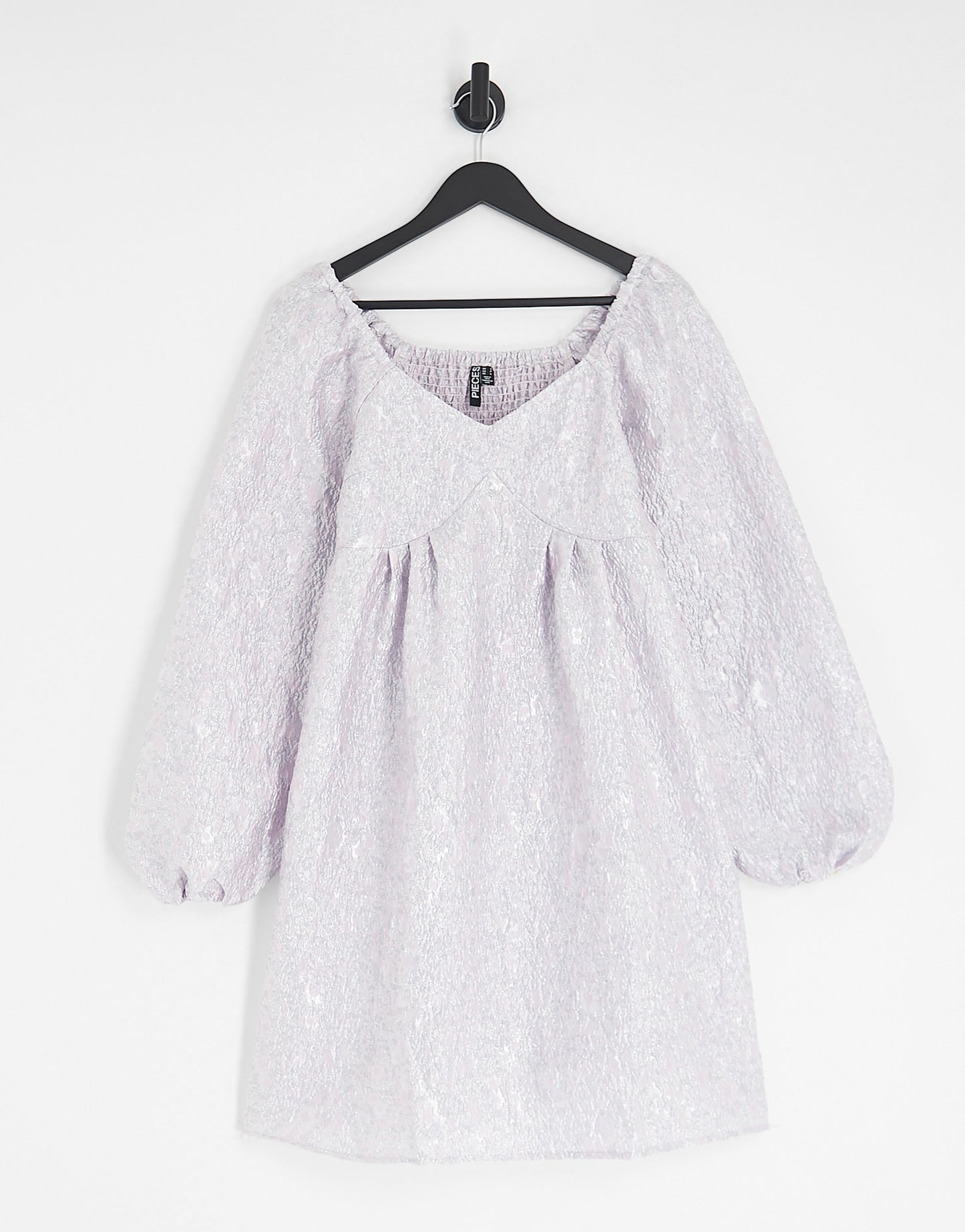 Pieces Tall Premium puff sleeve babydoll mini dress in lilac jacquard