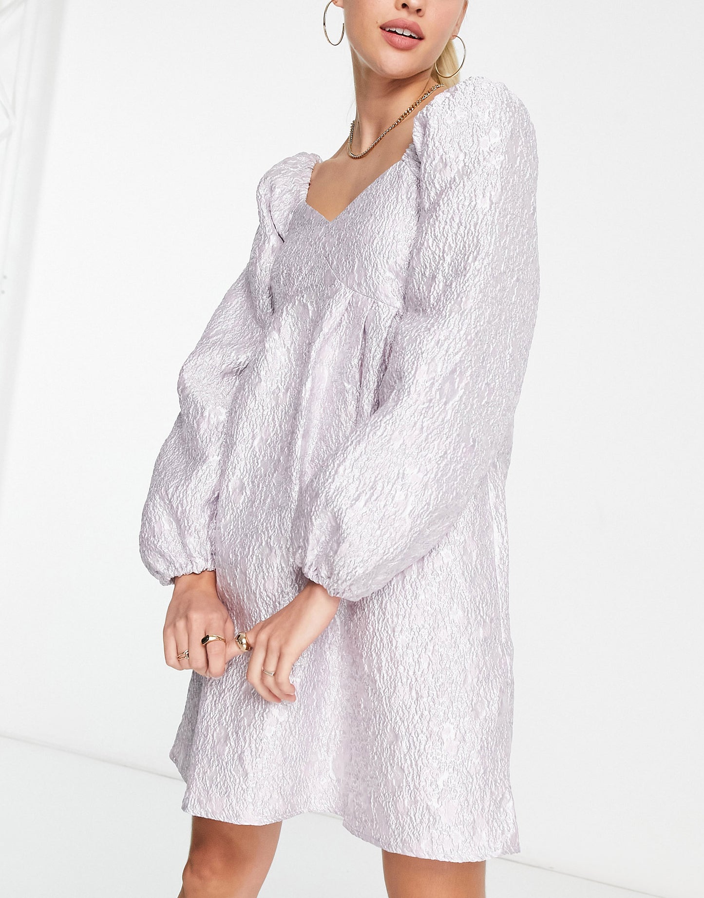 Pieces Tall Premium puff sleeve babydoll mini dress in lilac jacquard