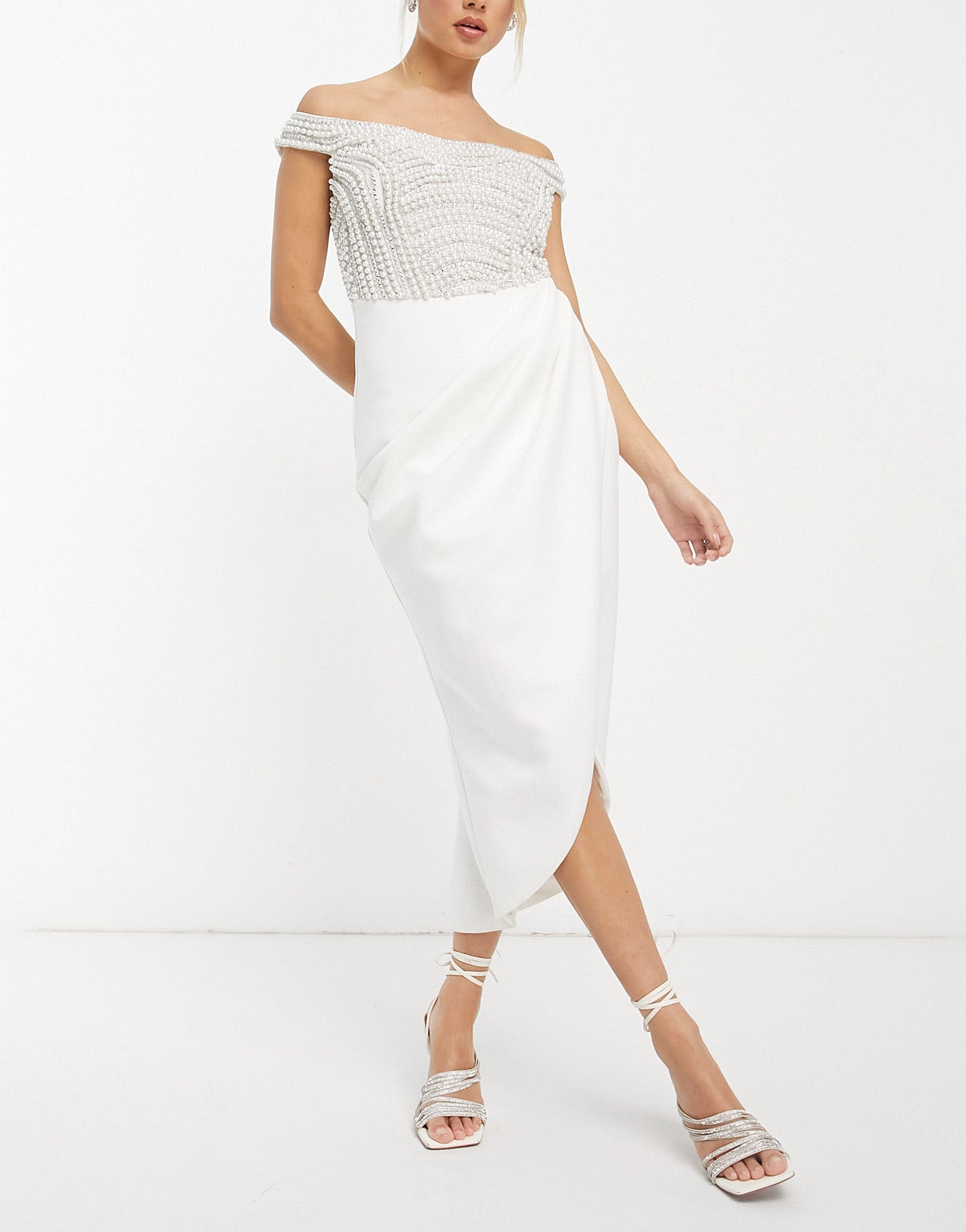 Off shoulder wrap midi dress online