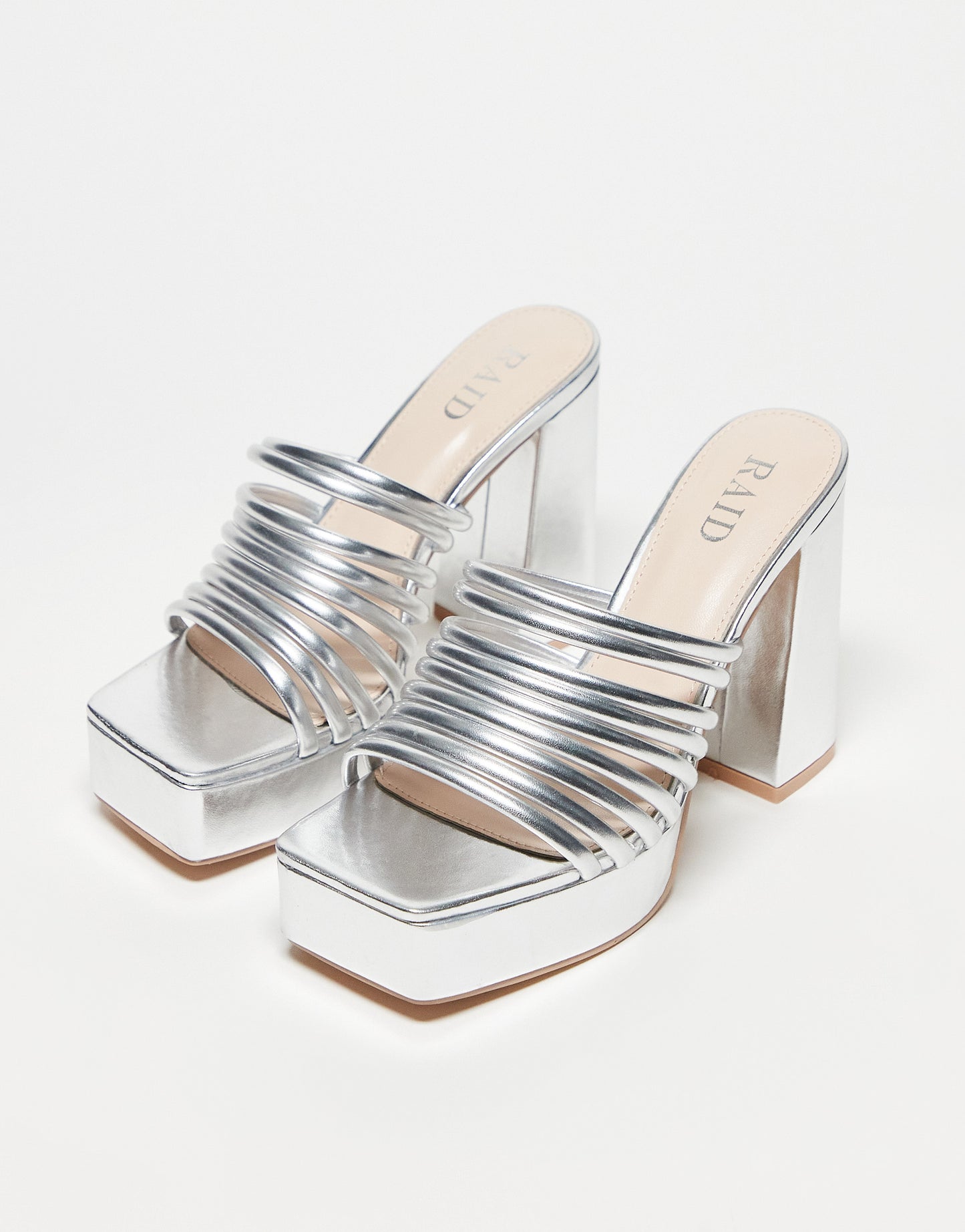 RAID Stella platform mules in metallic silver