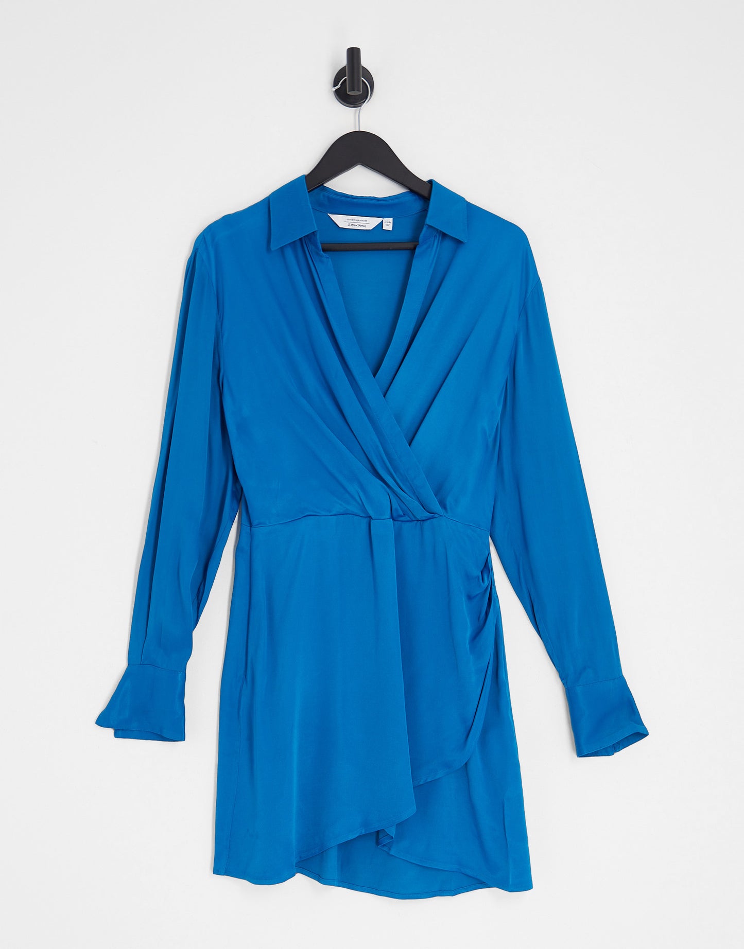 & Other Stories satin mini wrap shirt dress in blue