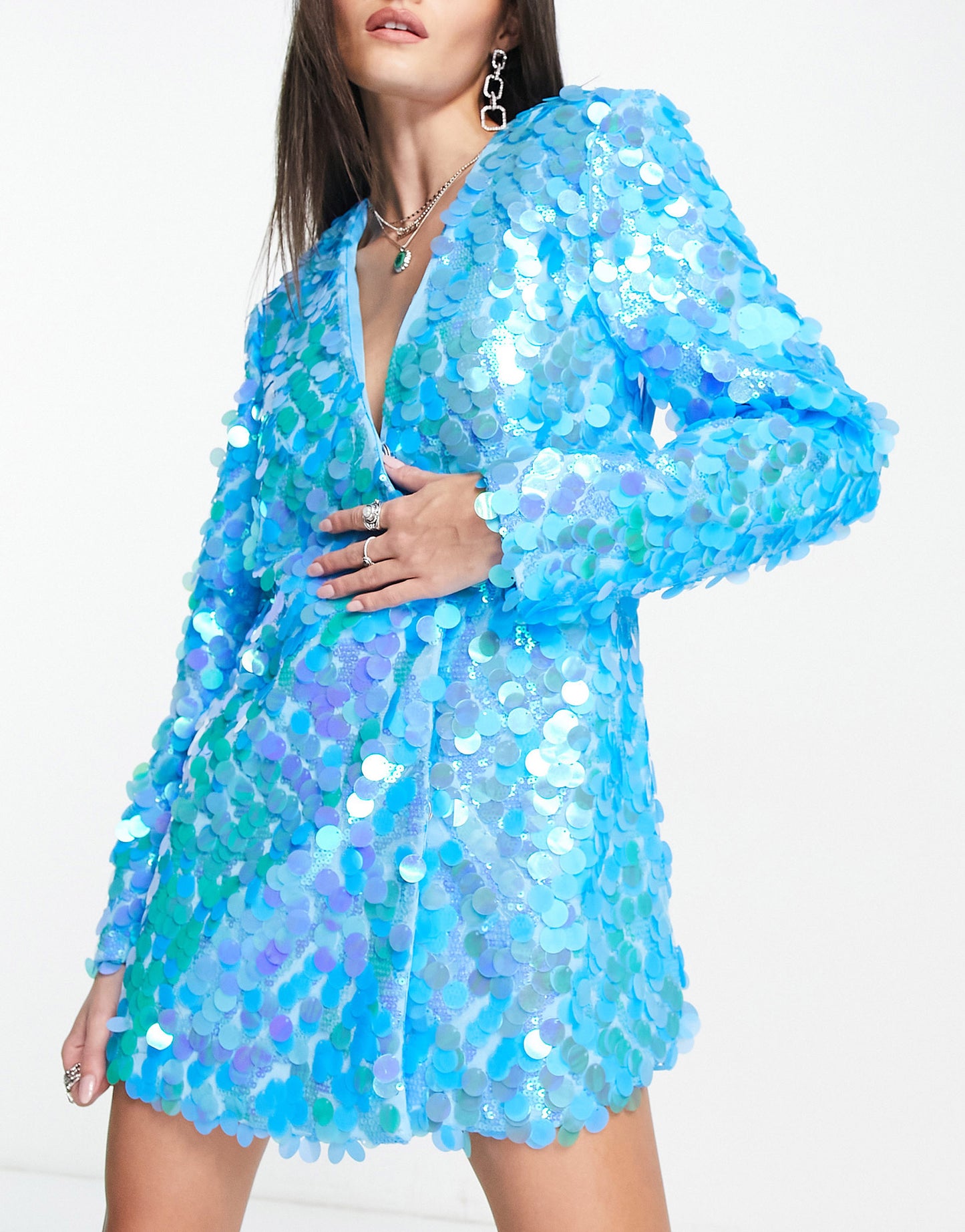 Amy Lynn Brooke embellished blazer dress in blue disc sequin