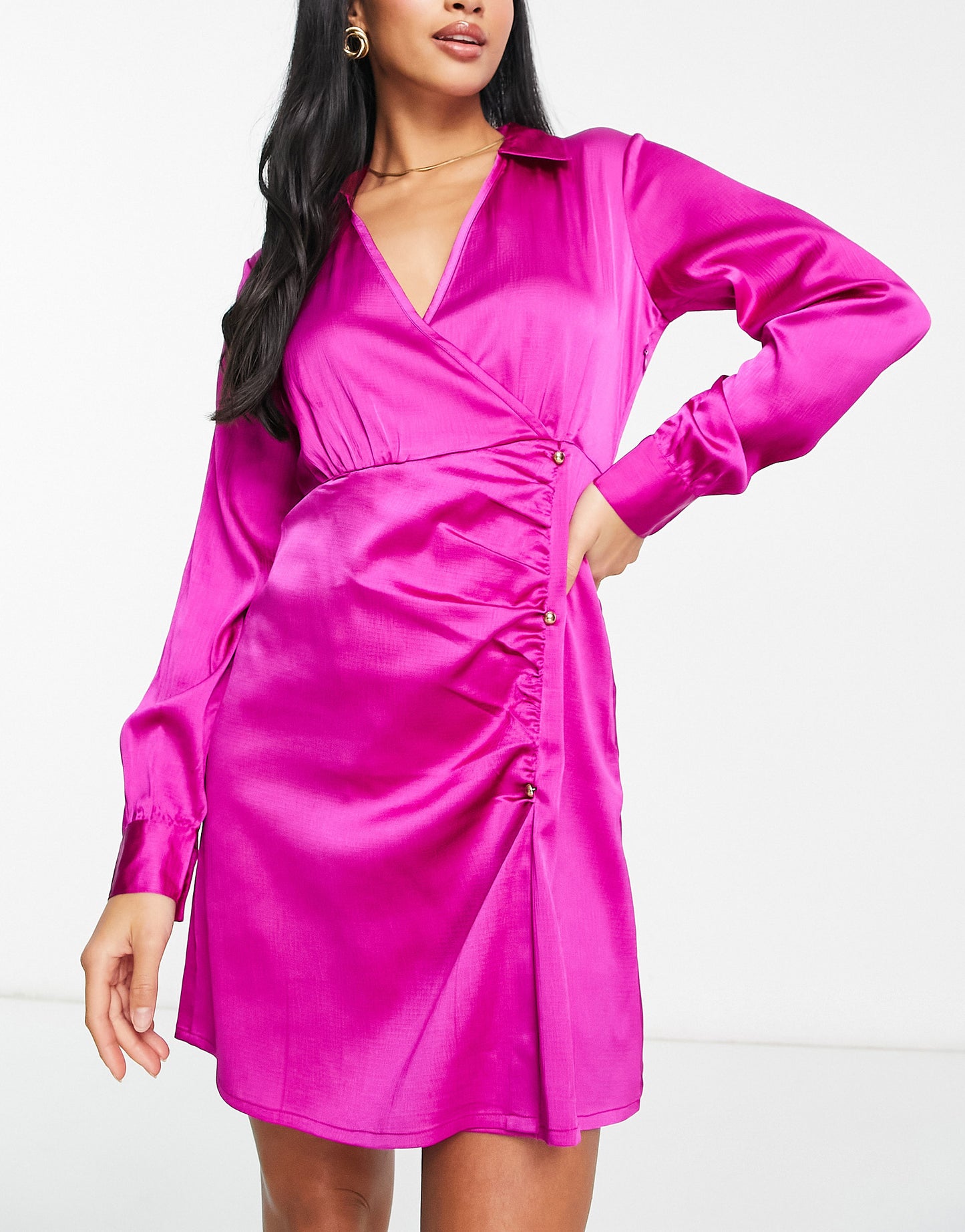 New Look Petite tie side collared shirt dress in bright pink