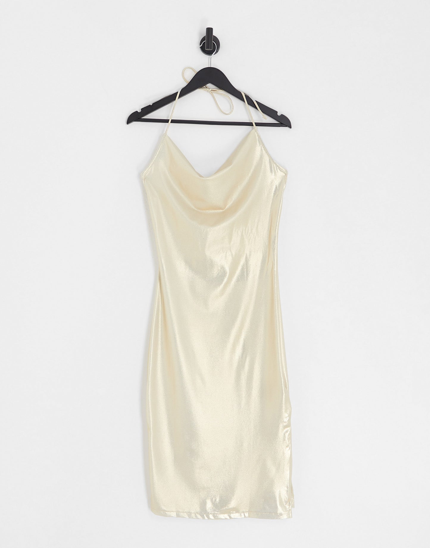 Monki cowl neck halter midi dress in gold metallic