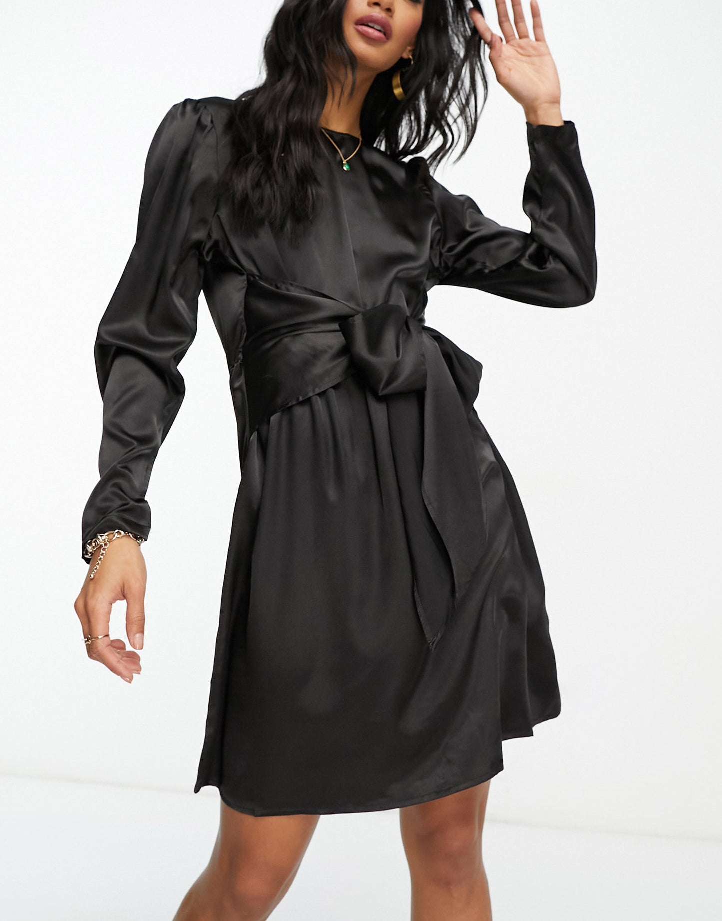 Vila tie detail satin mini dress in black