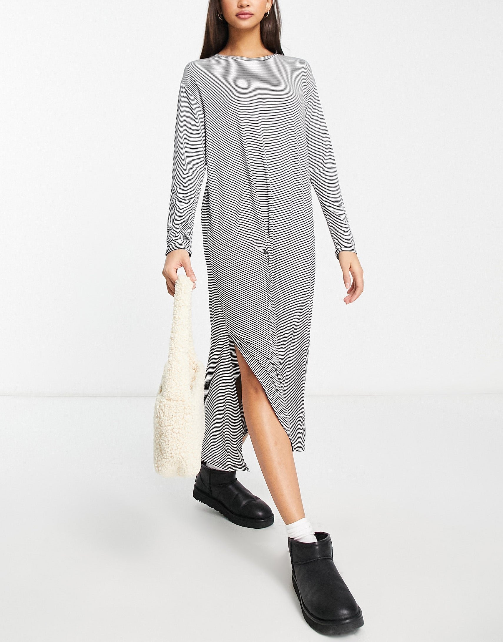 New Look striped long sleeved tshirt midi dress in black ASOS Sample Sale
