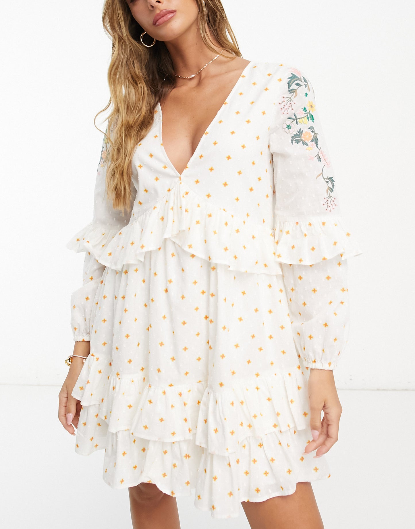 ASOS DESIGN embroidered dobby mini smock dress with frill details in cream