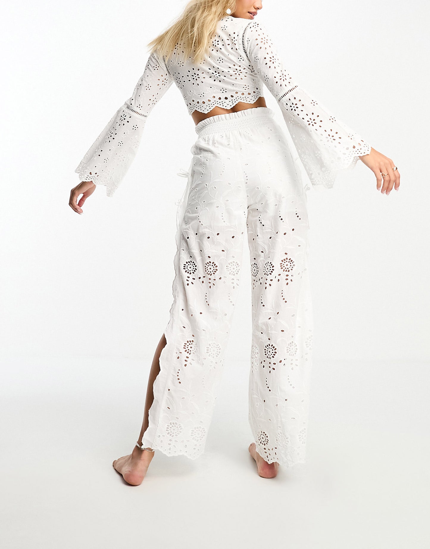 Miss Selfridge festival broderie wide leg trousers in ivory
