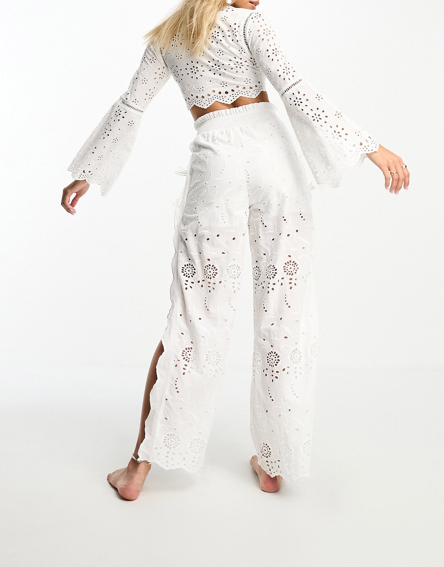 Miss Selfridge festival broderie wide leg trousers in ivory