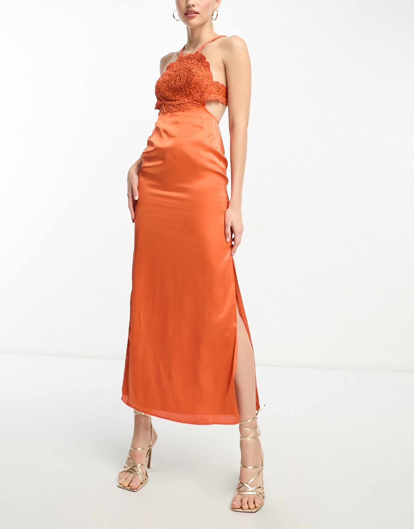 ASOS DESIGN Tall embroidered bodice satin bias midi dress with open back in rust
