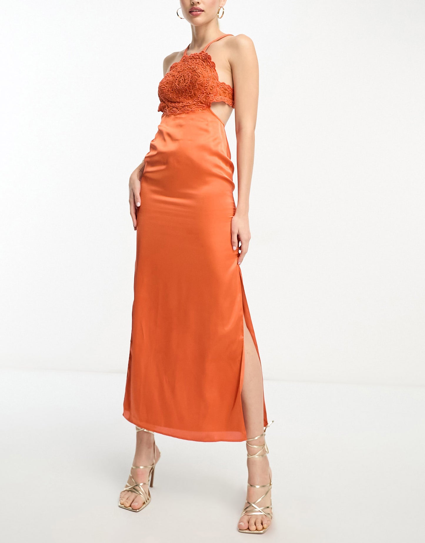 ASOS DESIGN Tall embroidered bodice satin bias midi dress with open back in rust