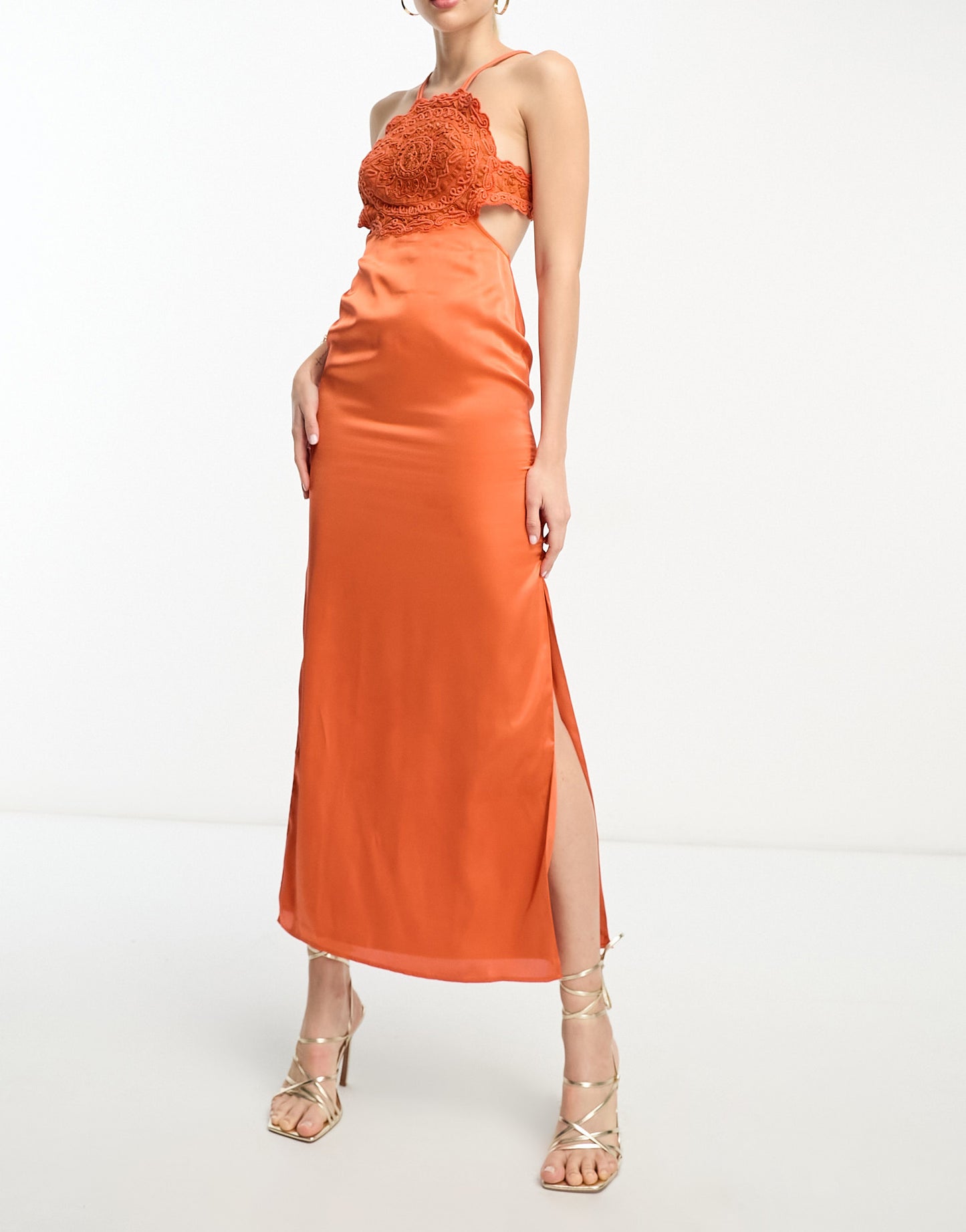 ASOS DESIGN Tall embroidered bodice satin bias midi dress with open back in rust