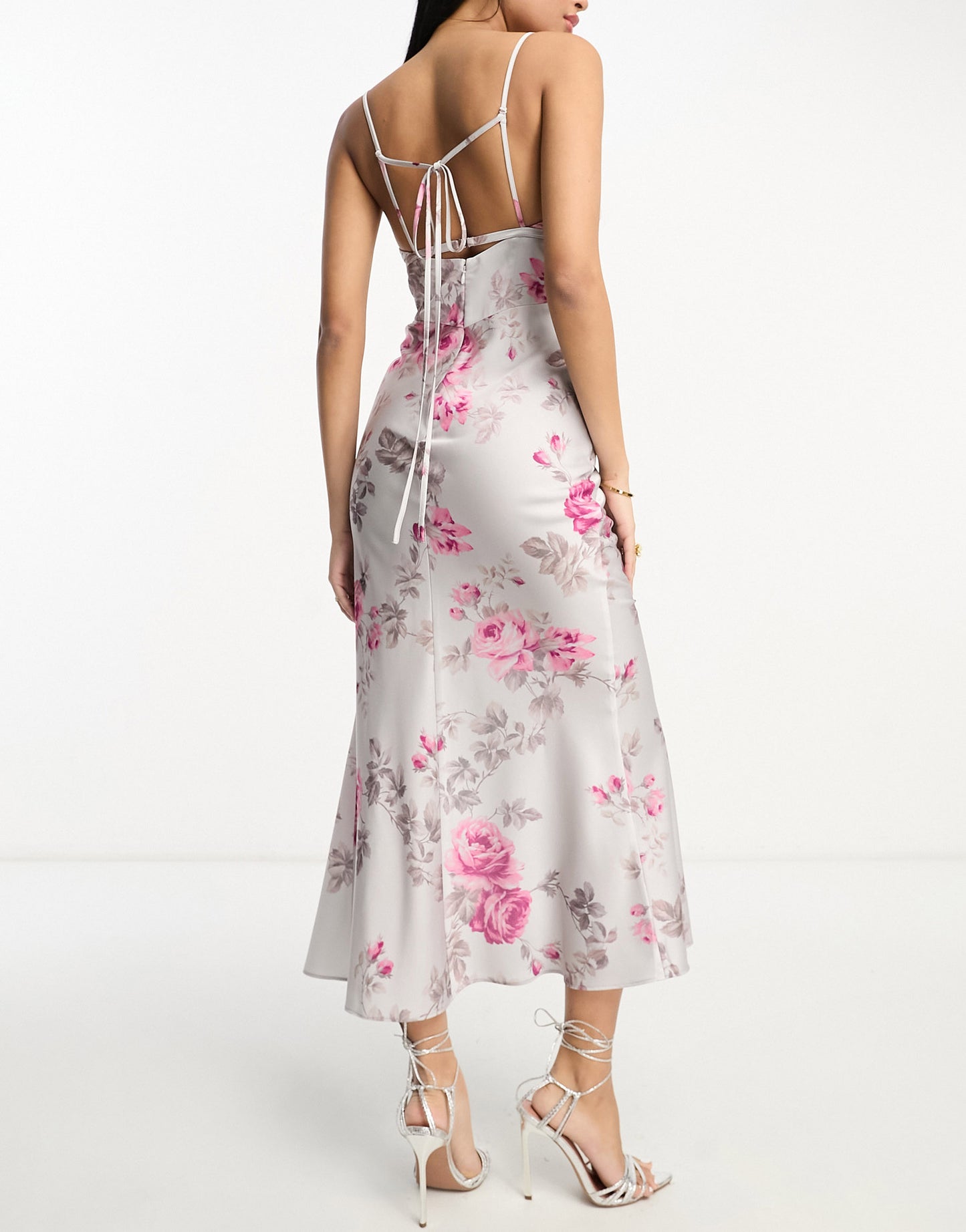 ASOS DESIGN satin corset detail plunge midi dress in grey large floral print