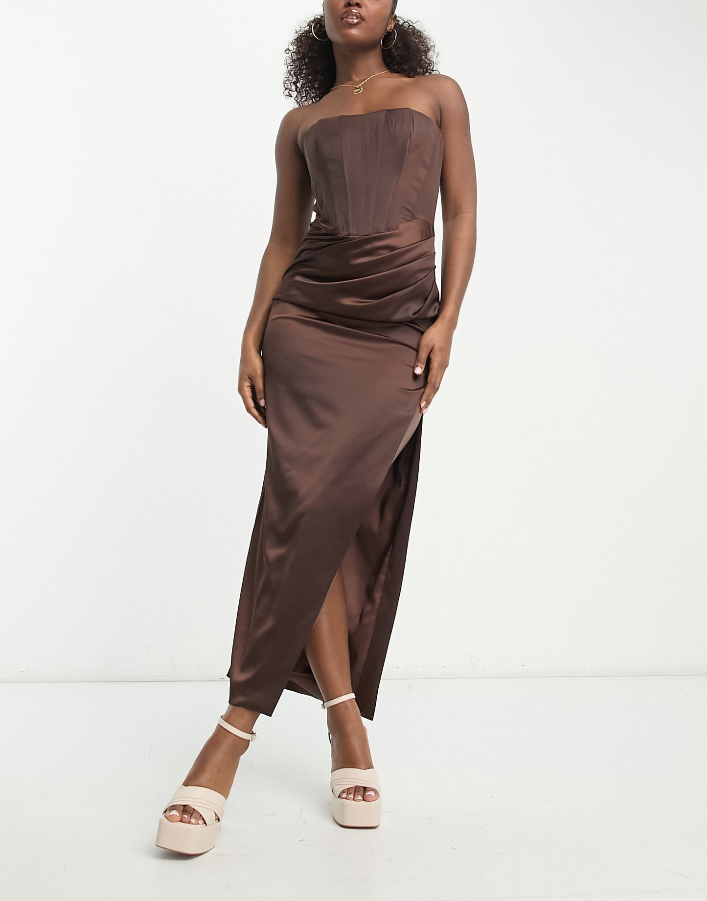 Bardot bandeau satin slip midi dress in chocolate
