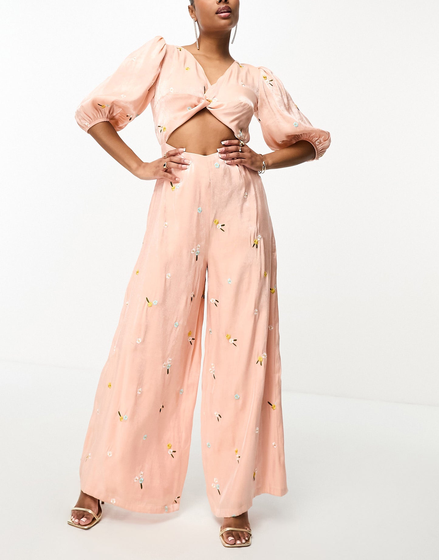 Collective the Label Petite exclusive twisted cut-out jumpsuit in yellow ditsy floral