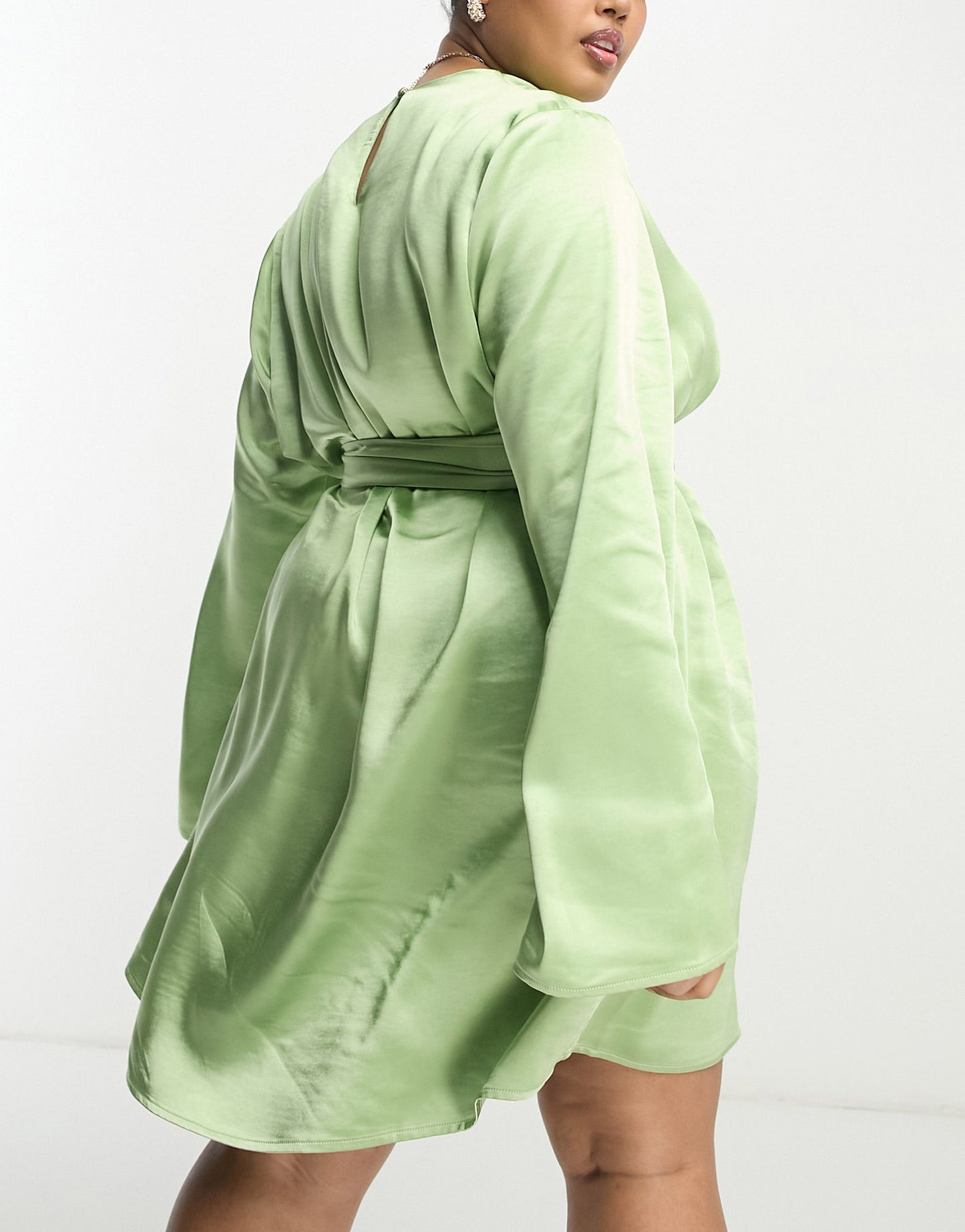 Pretty Lavish Curve tie waist satin mini dress in soft olive