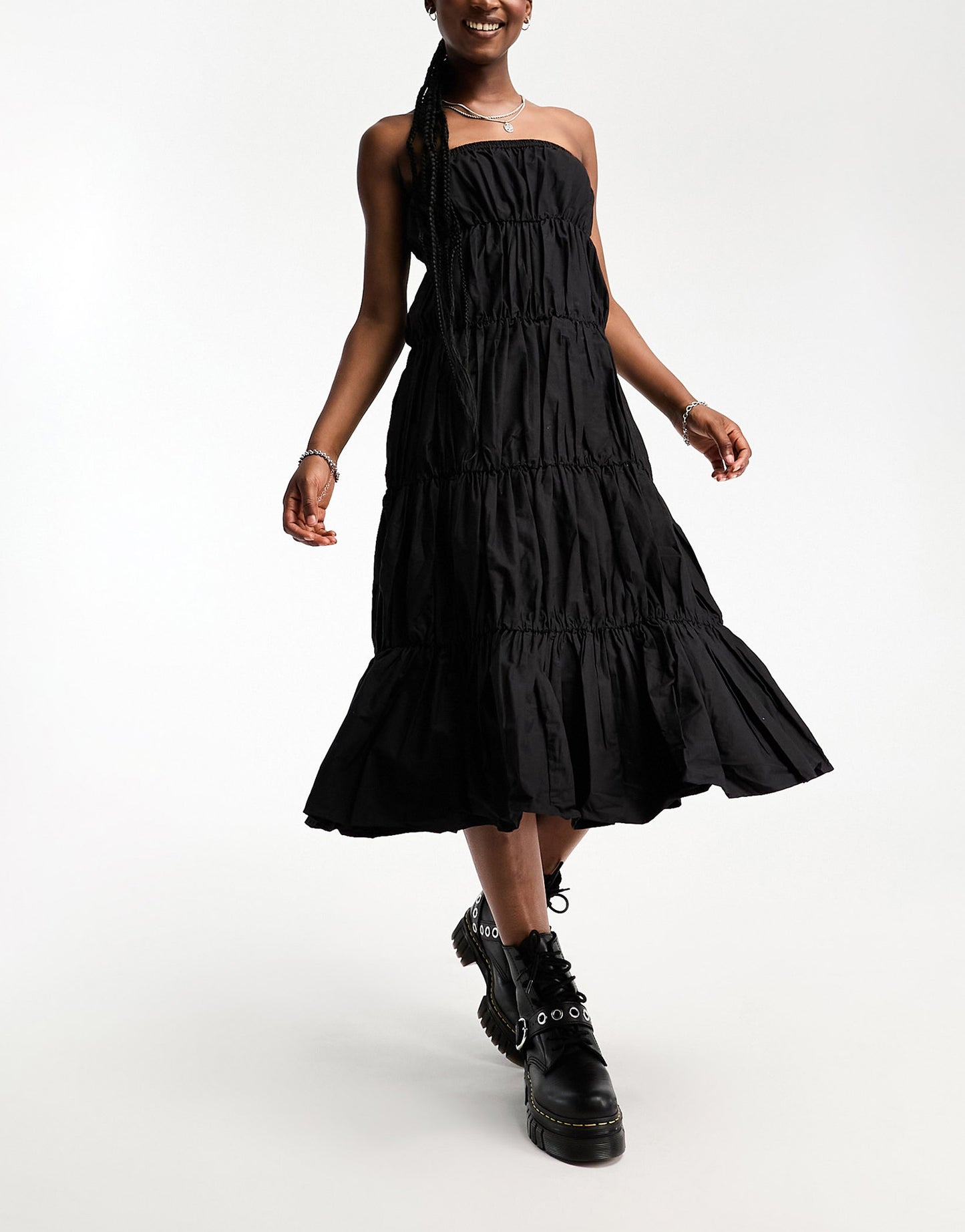 COLLUSION gathered tiered bandeau midi dress in black