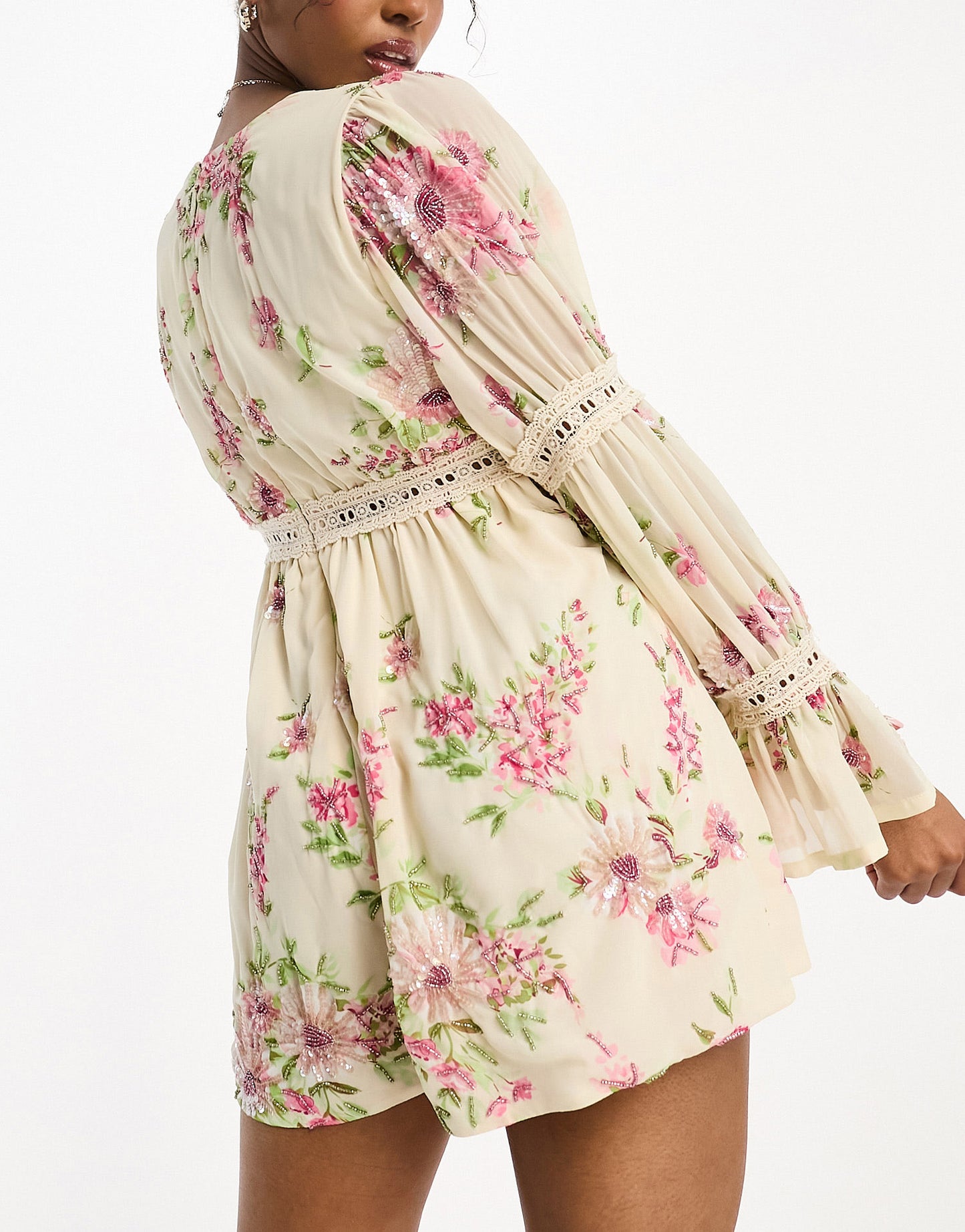 Miss Selfridge Premium embellished festival playsuit with lace insert in floral print
