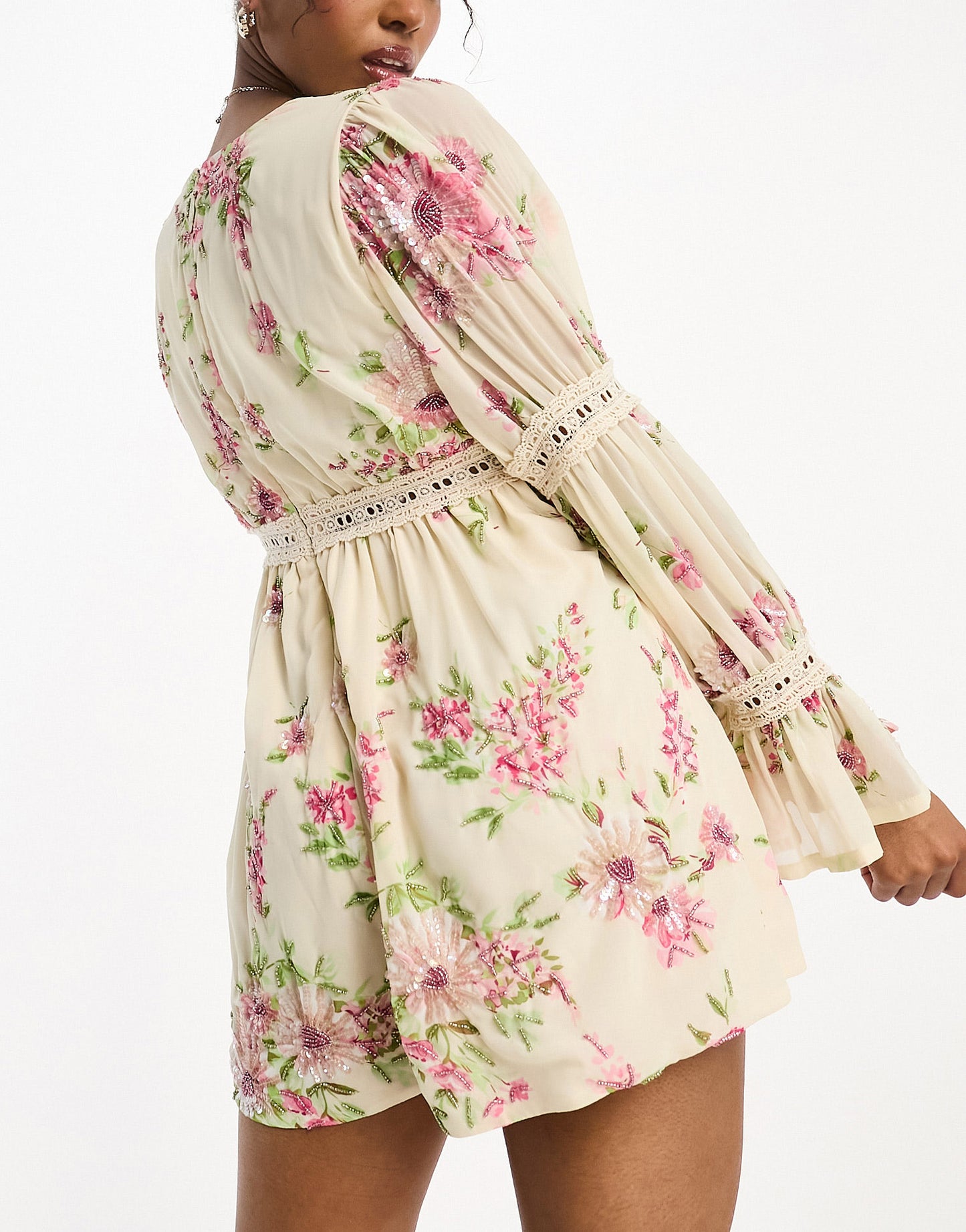 Miss Selfridge Premium embellished festival playsuit with lace insert in floral print