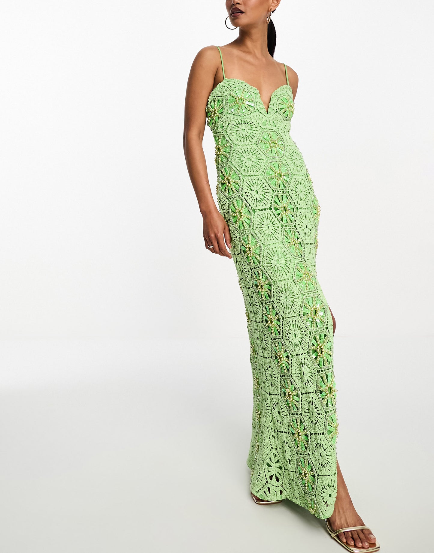 ASOS DESIGN pearl embellished sweetheart neck crochet maxi dress with split in bright green