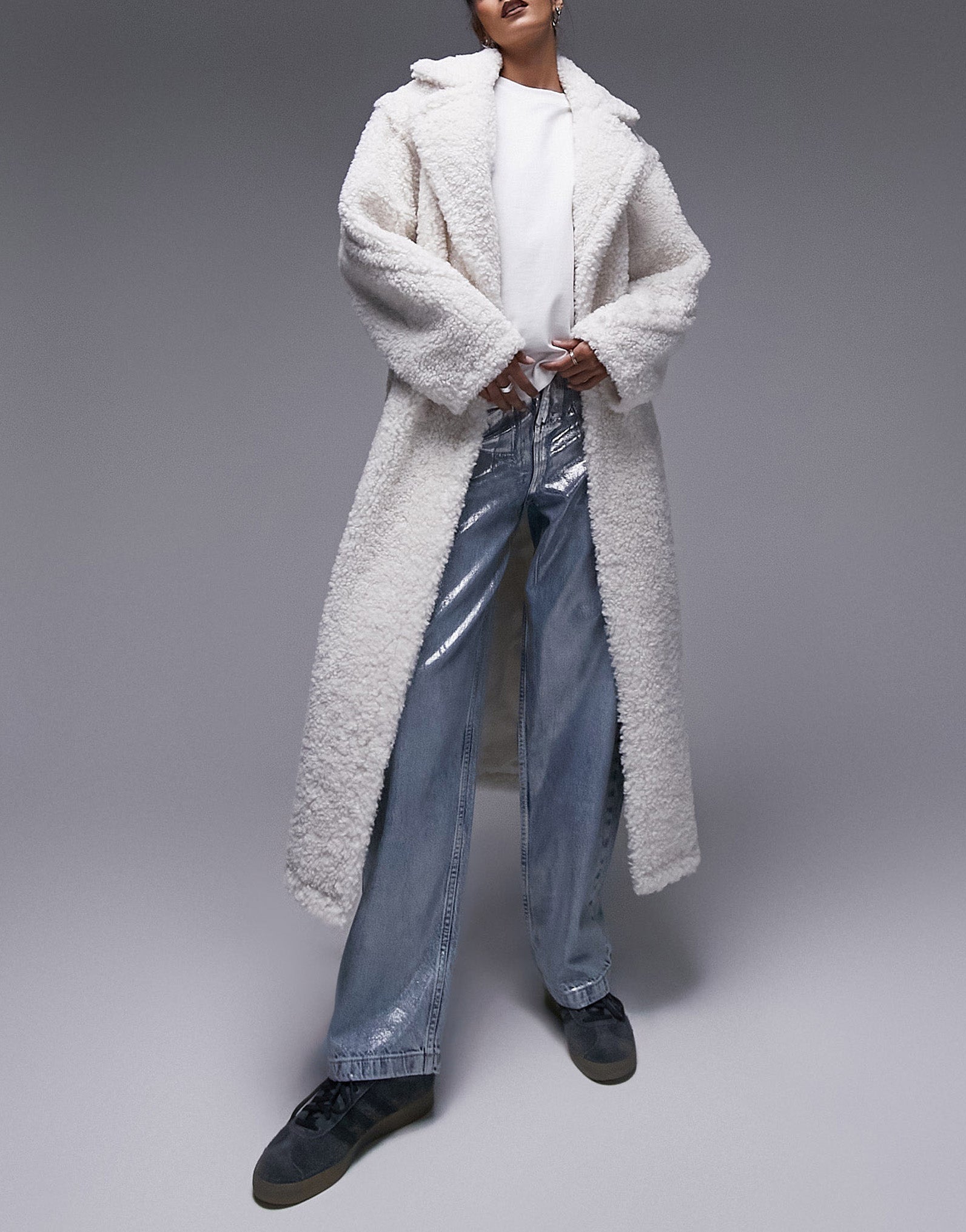 fluffy longline coat in offwhite ASOS Sample Sale