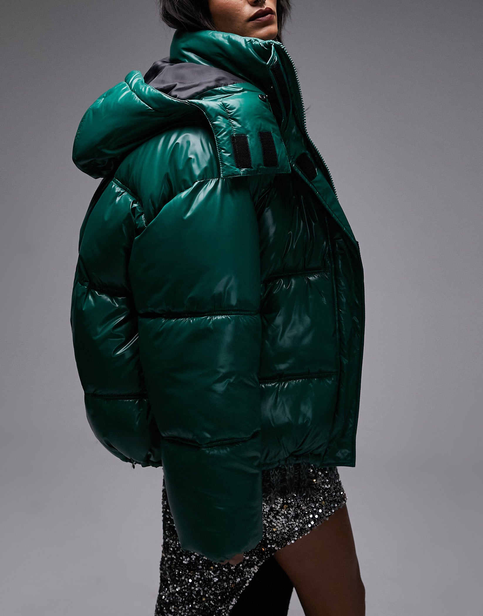 Topshop oversized mid length puffer jacket with detachable hood in green