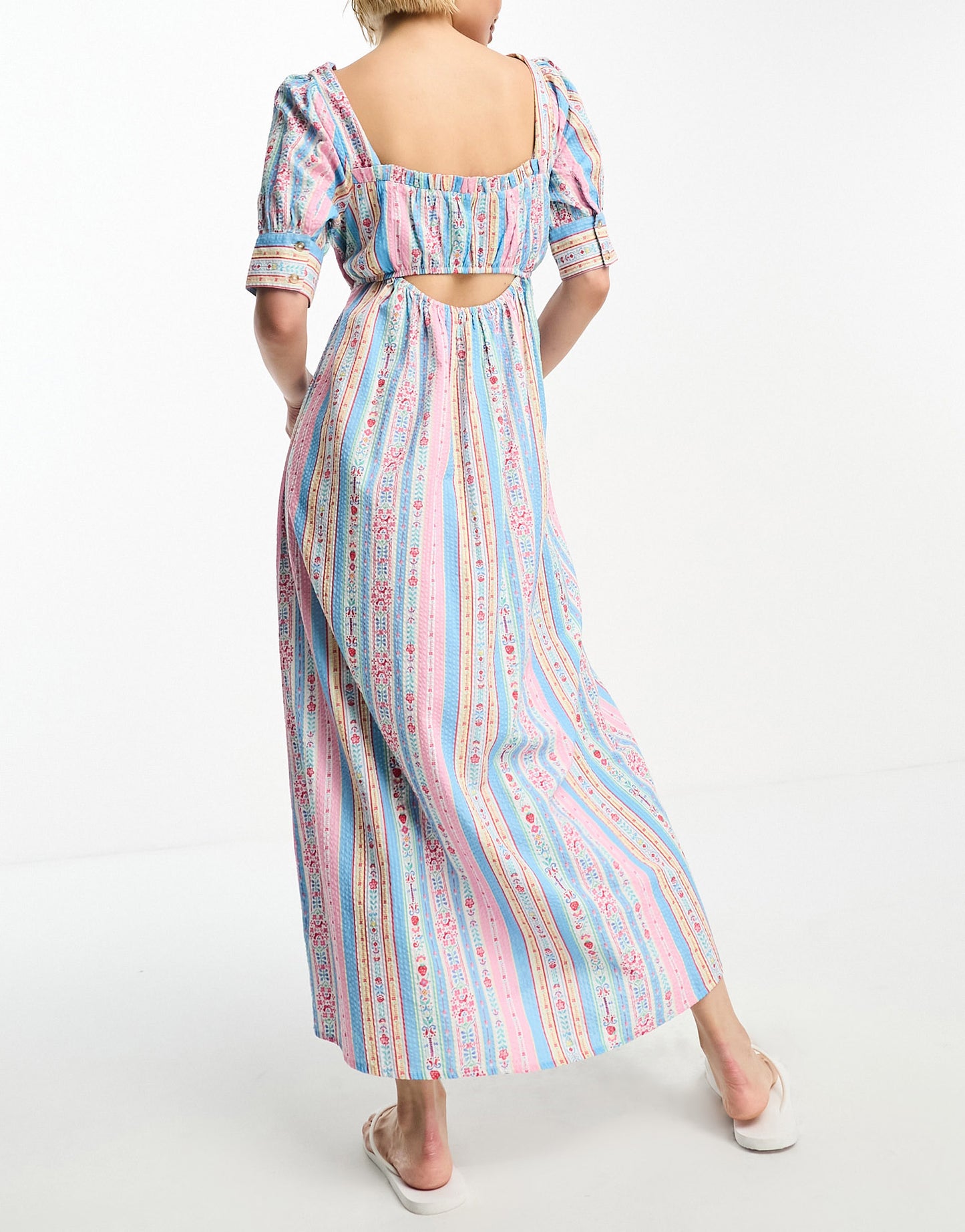 Damson Madder painted chintz stripe cut-out midi dress in multi