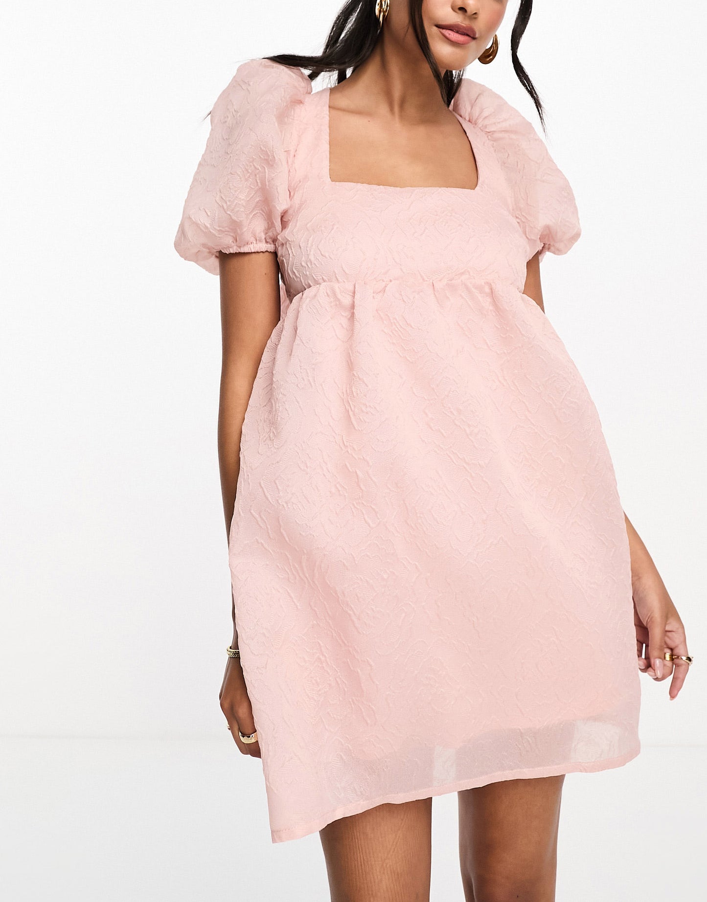 Style Cheat puff sleeve jacquard mini dress in blush pink