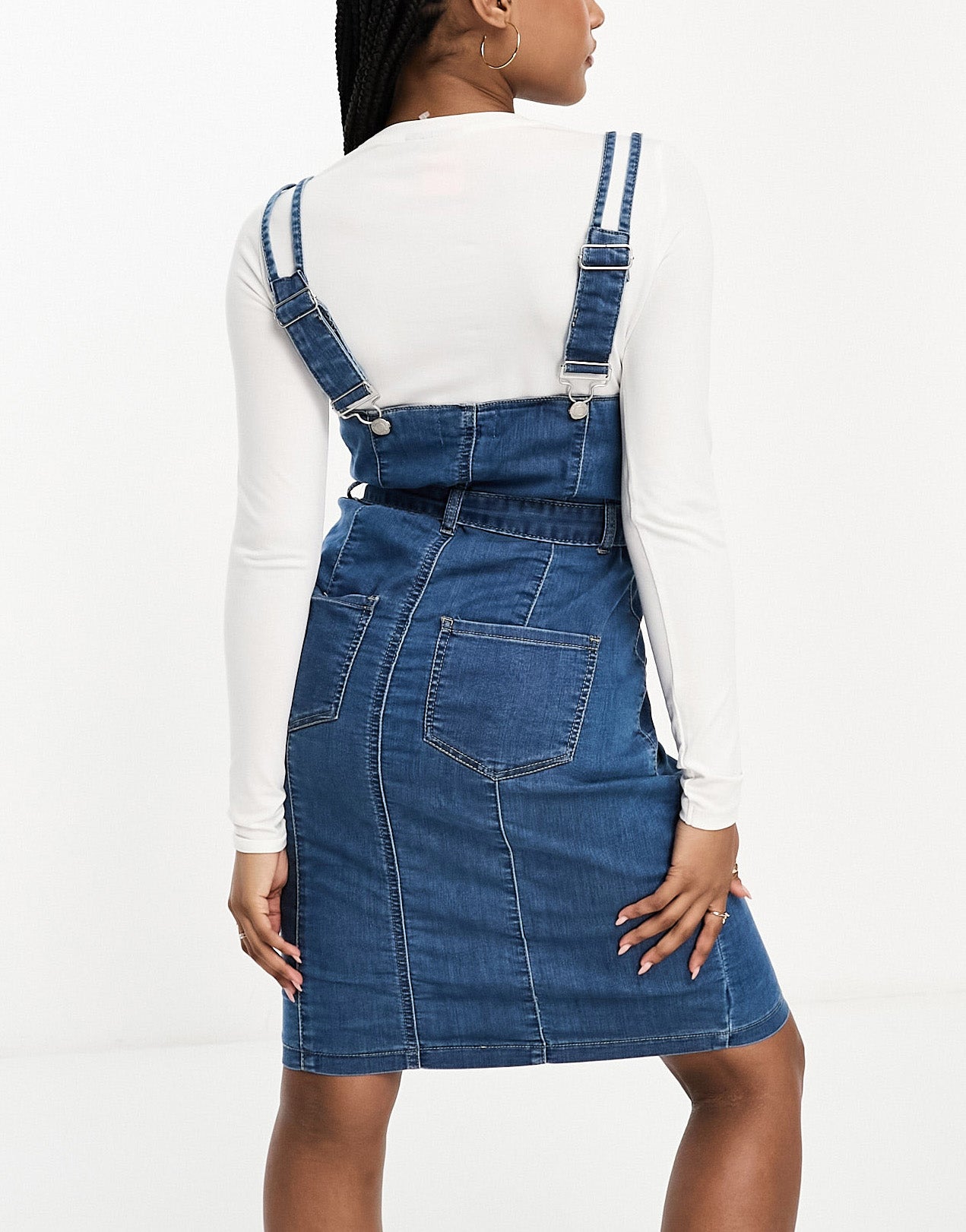 DTT denim buckle strap midi dress with tie waist in mid blue
