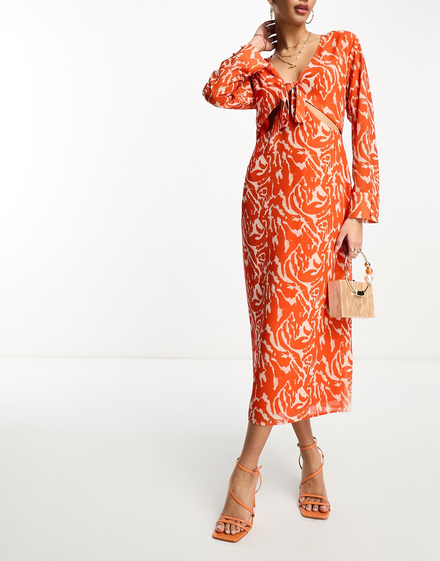 Pretty Lavish long sleeve tie midaxi dress in orange zebra