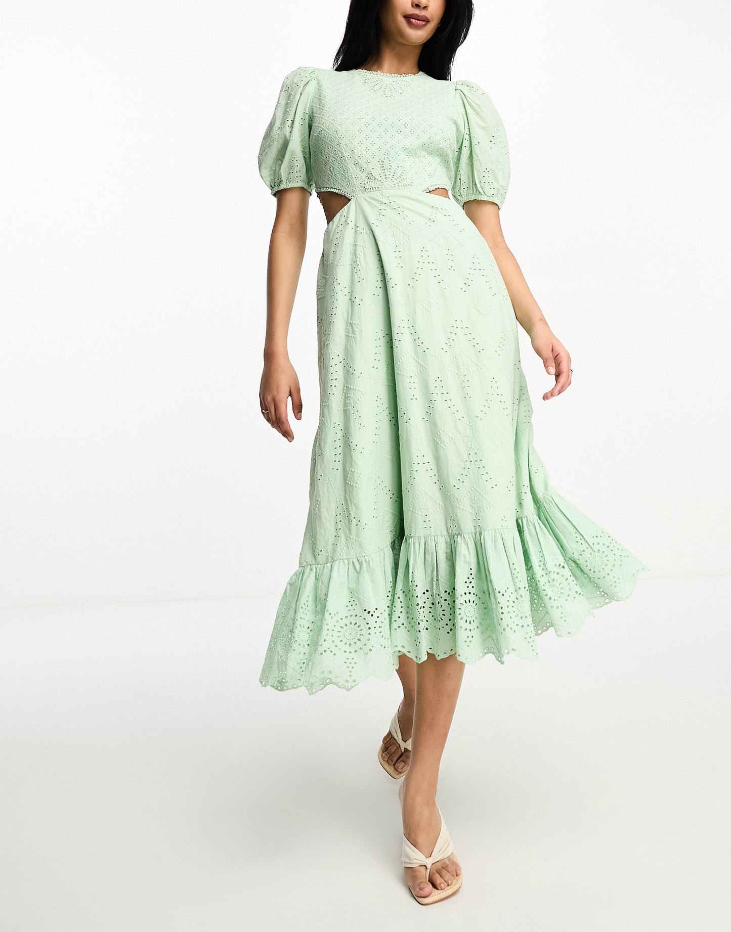 French Connection broderie midi dress with cut out in mint